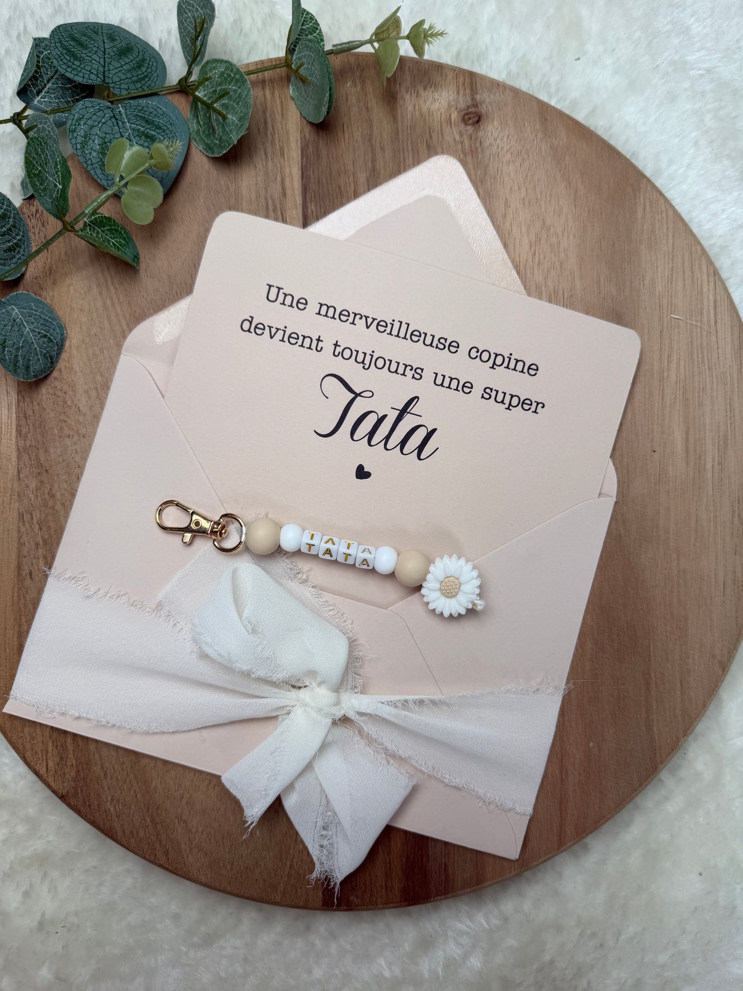 Annonce grossesse carte porte clé perle tata beige