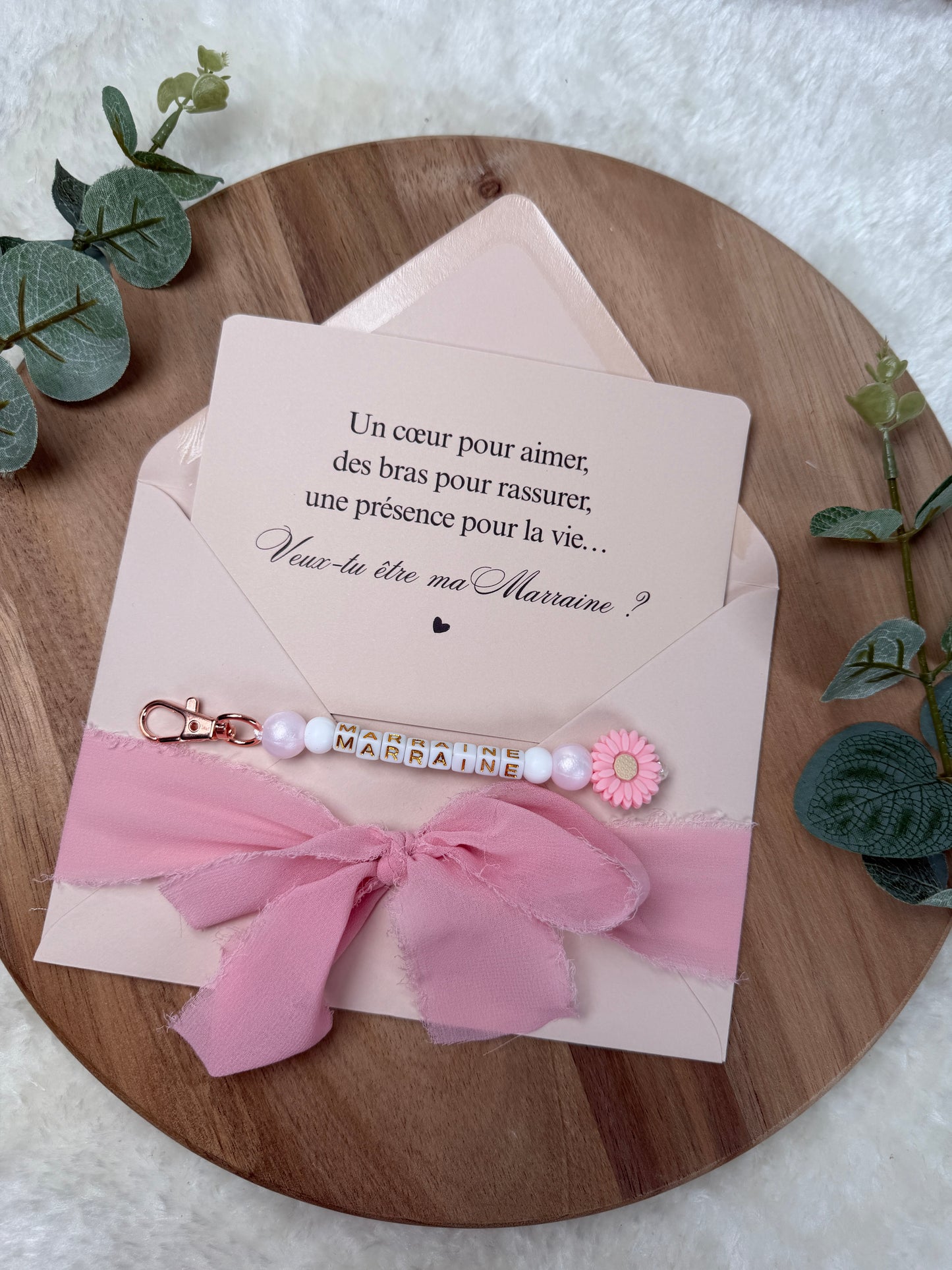 Annonce grossesse, demande marraine, rose baptême, carte et porte clé en perles