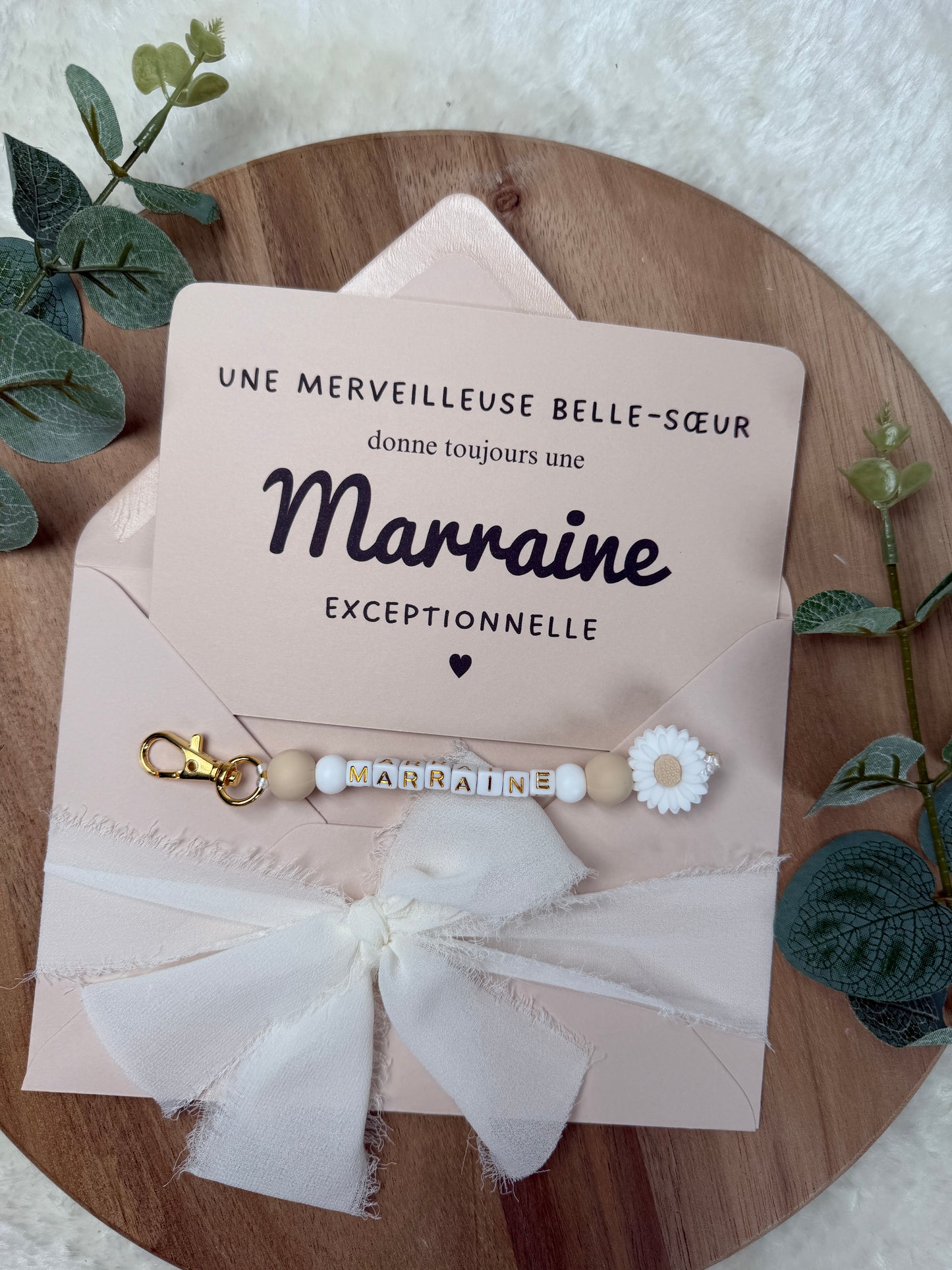 Annonce grossesse, demande marraine, blanc baptême, carte et porte clé en perles