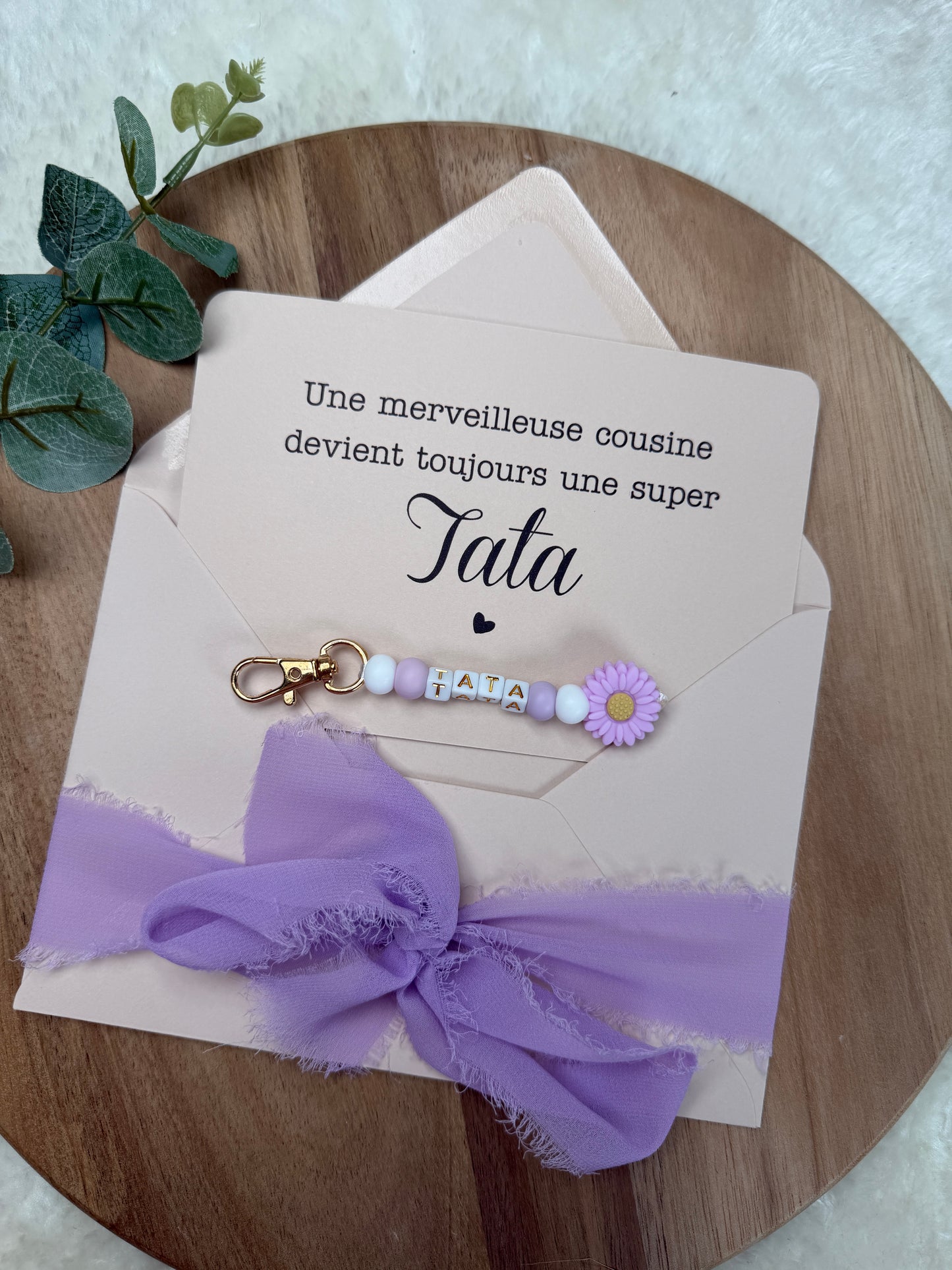 Annonce grossesse carte porte clé perle tata violet