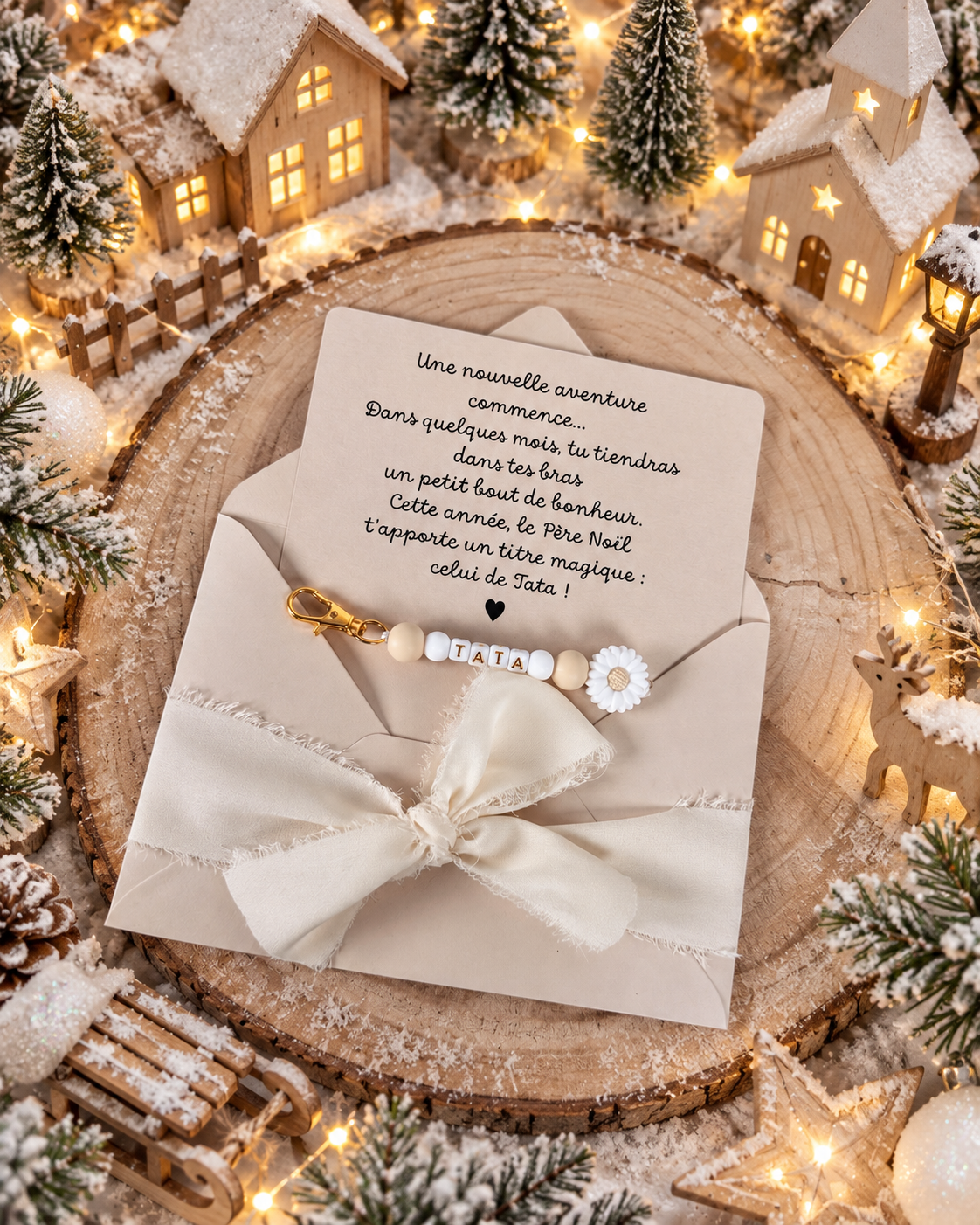 Annonce grossesse carte porte clé perle tata beige noel