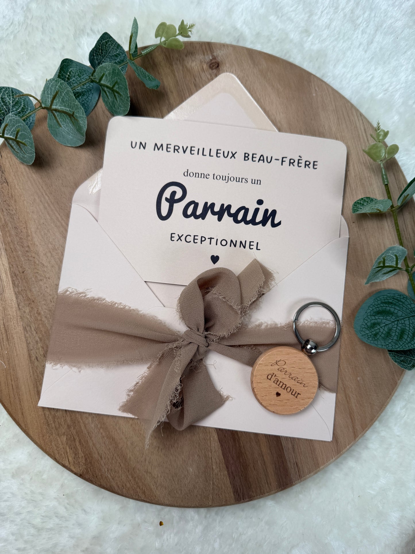 Annonce grossesse demande parrain, baptême carte avec petit porte clé en bois pour parrain d’amour