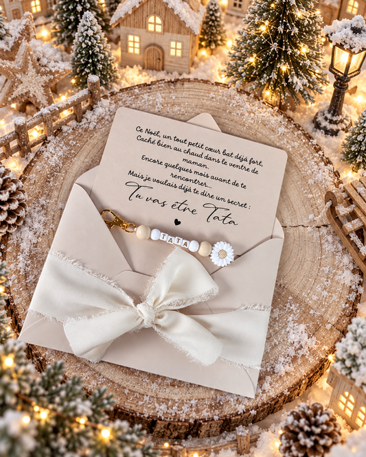 Annonce grossesse carte porte clé perle tata beige noel