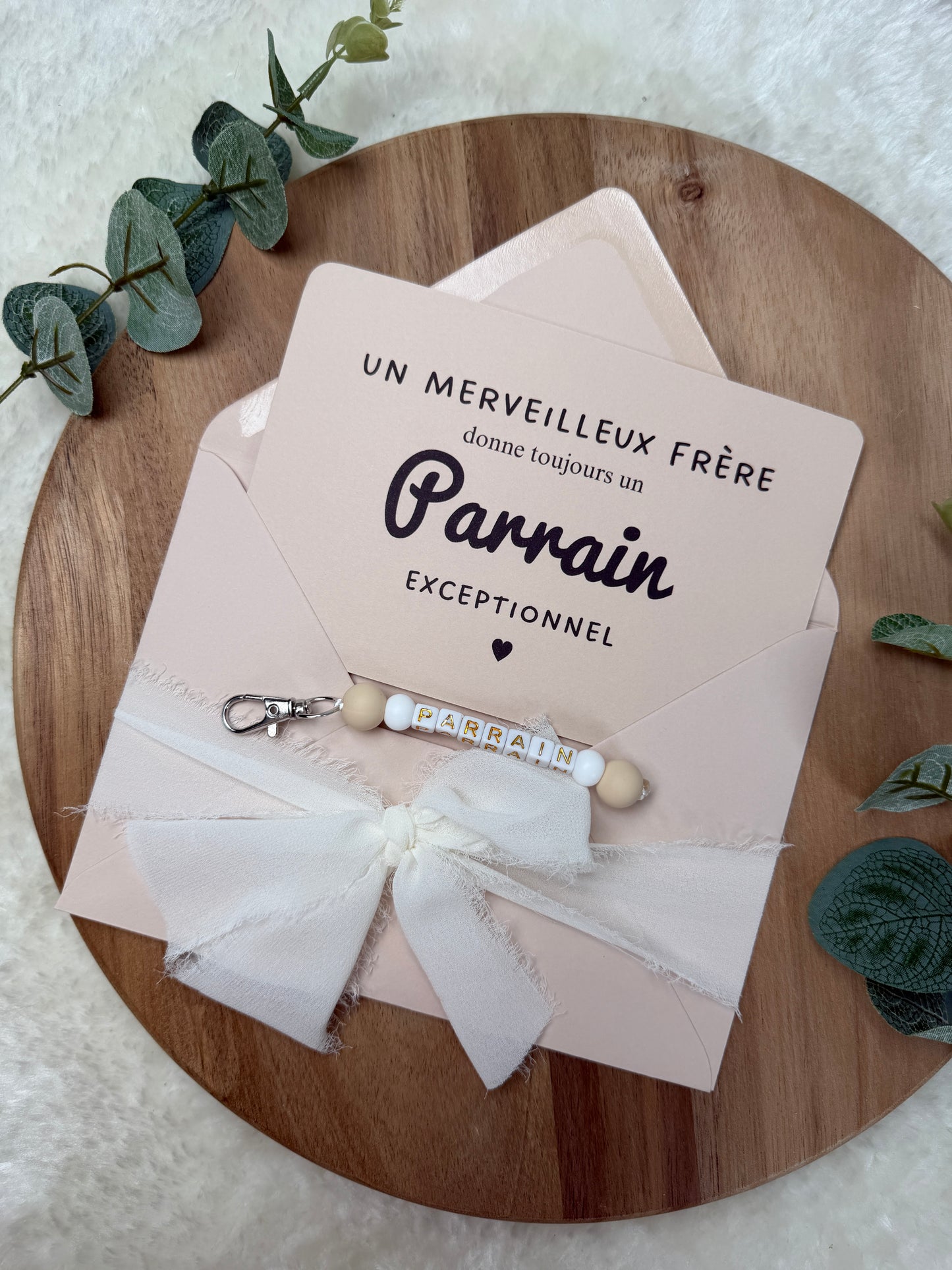 Annonce grossesse carte porte-clés parrain beige