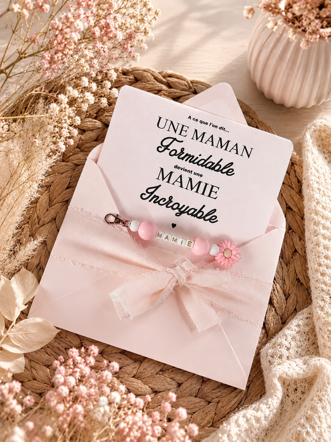 Annonce grossesse mamie carte avec petit porte clé en perles rose