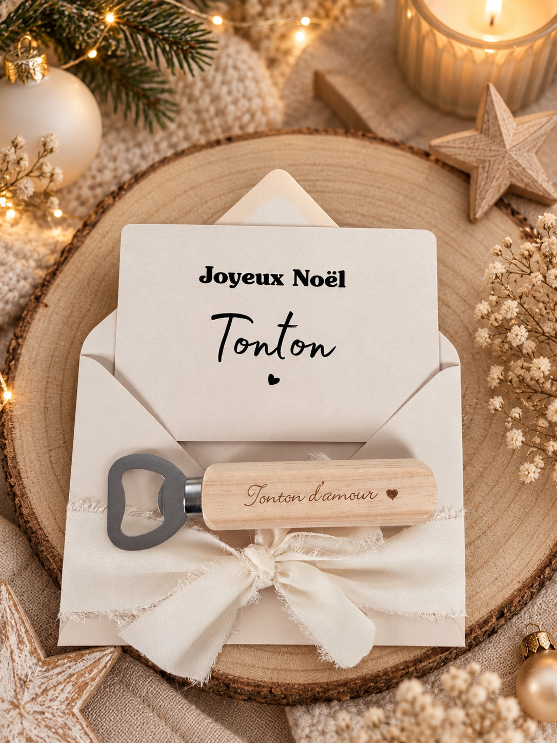 Annonce de grossesse décapsuleur/bouchon bouteille  et carte pour tonton d'amour beige noel