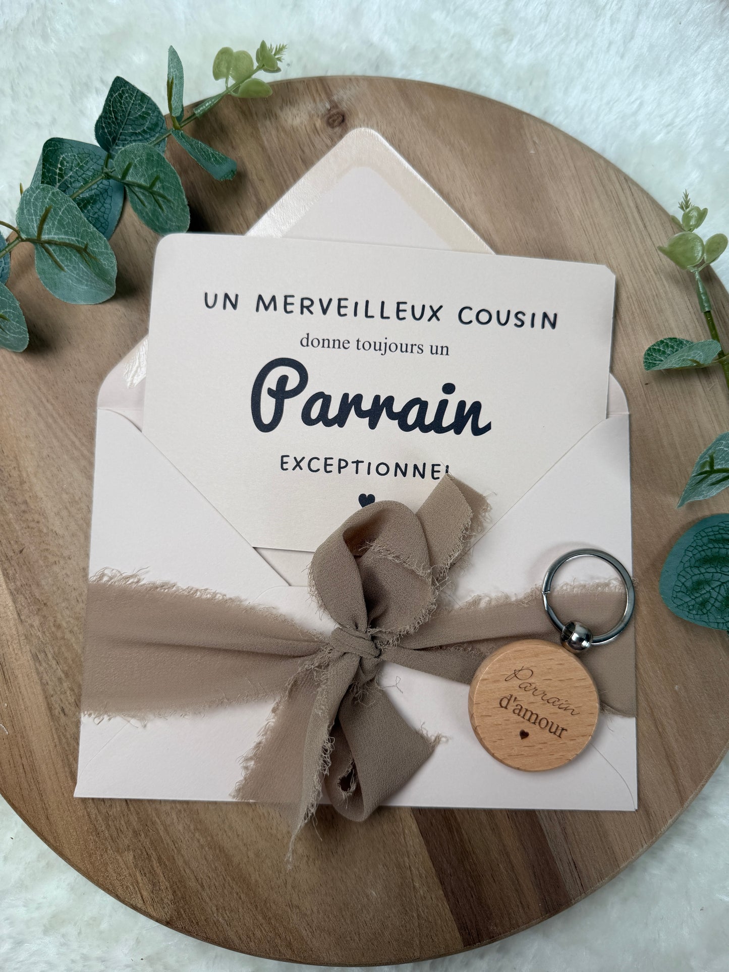 Annonce grossesse demande parrain, baptême carte avec petit porte clé en bois pour parrain d’amour