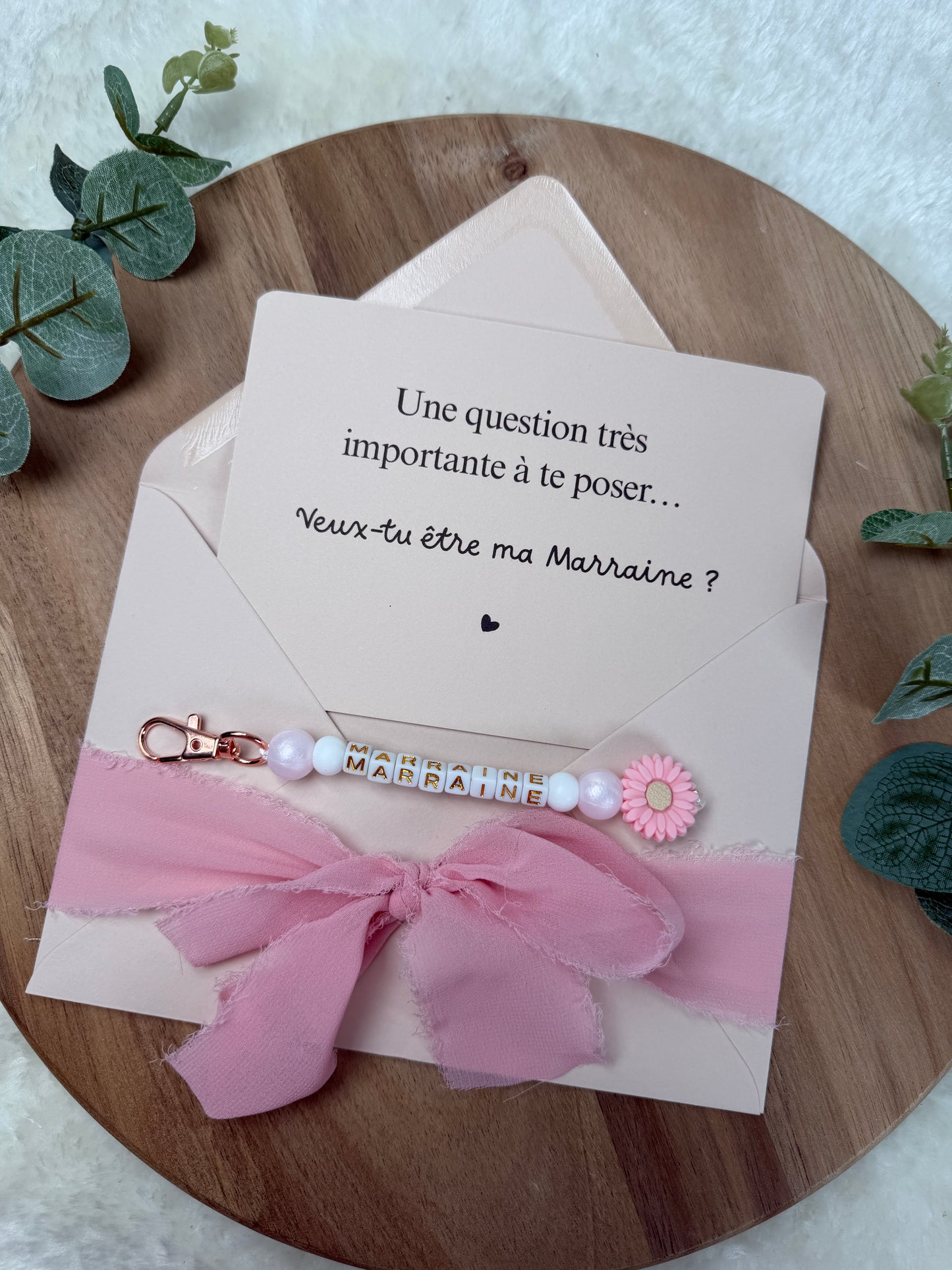 Annonce grossesse, demande marraine, rose baptême, carte et porte clé en perles