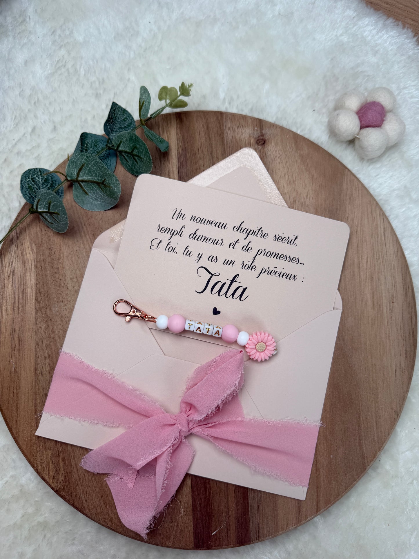 Annonce grossesse carte porte clé perle tata rose