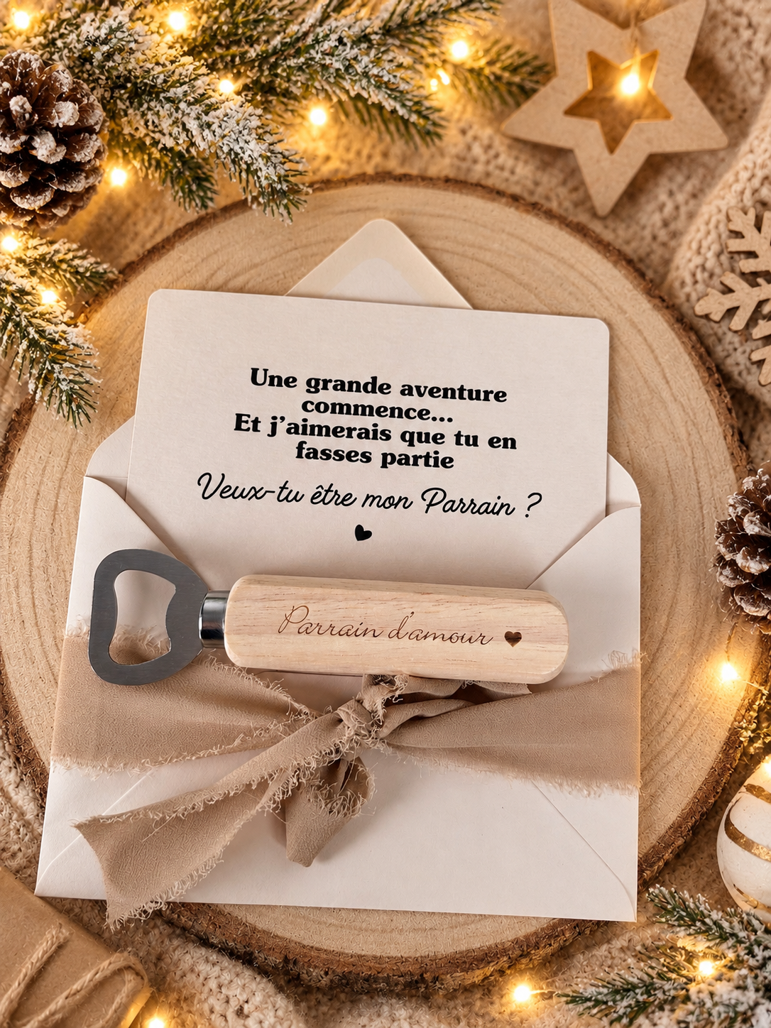 Annonce grossesse, demande parrain carte décapsuleur simple ou porte clé noel
