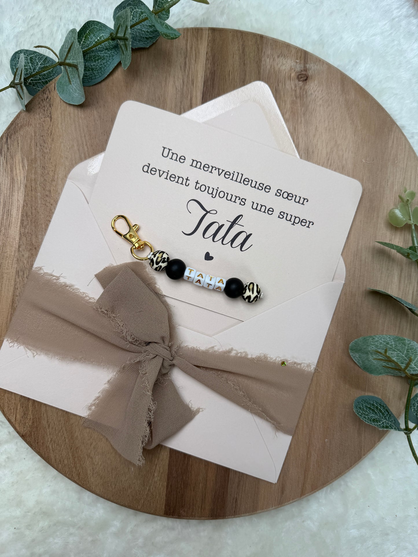 Annonce grossesse carte porte clé perle tata léopard