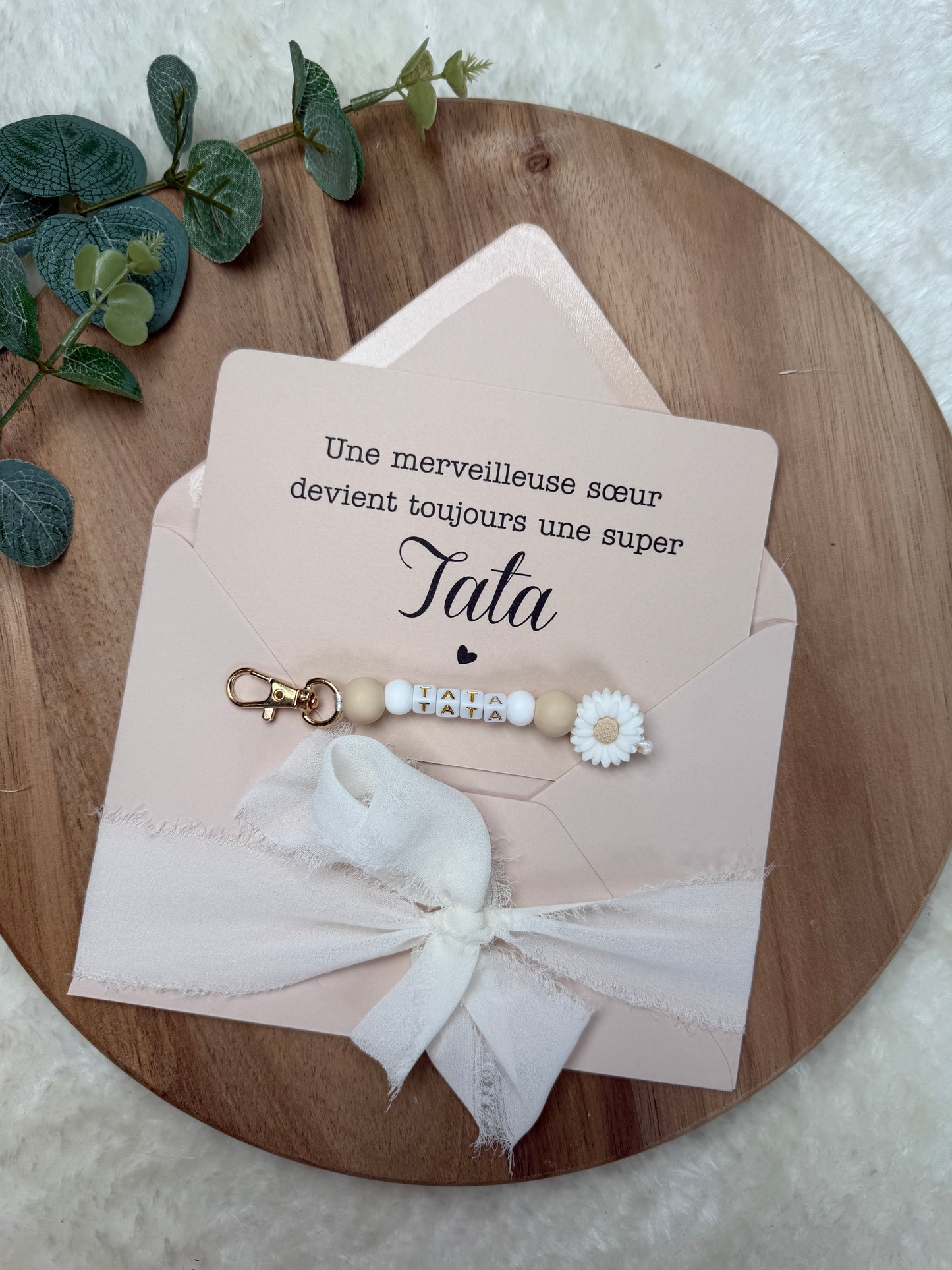 Annonce grossesse carte porte clé perle tata beige