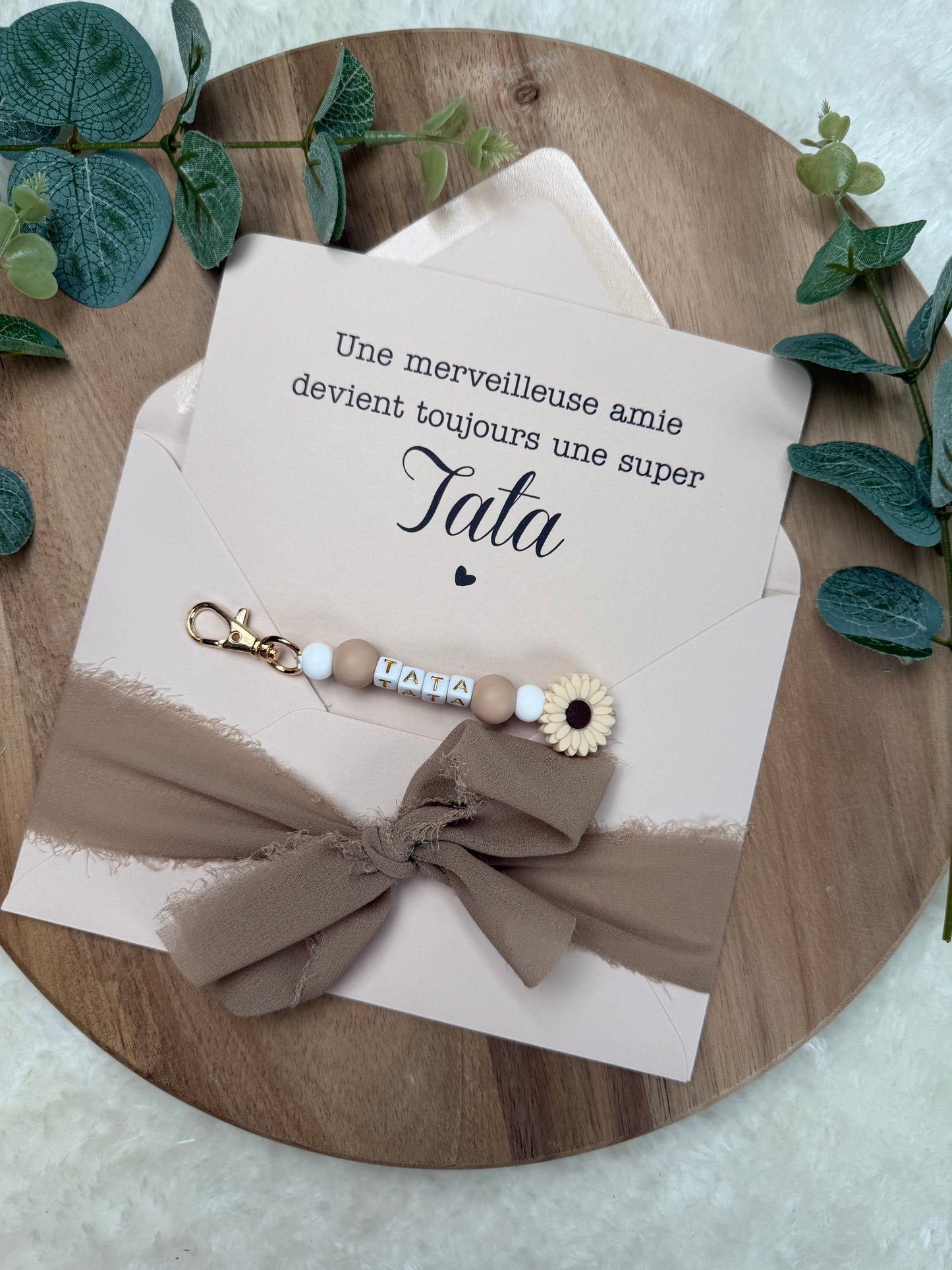 Annonce grossesse carte porte clé perle tata marron
