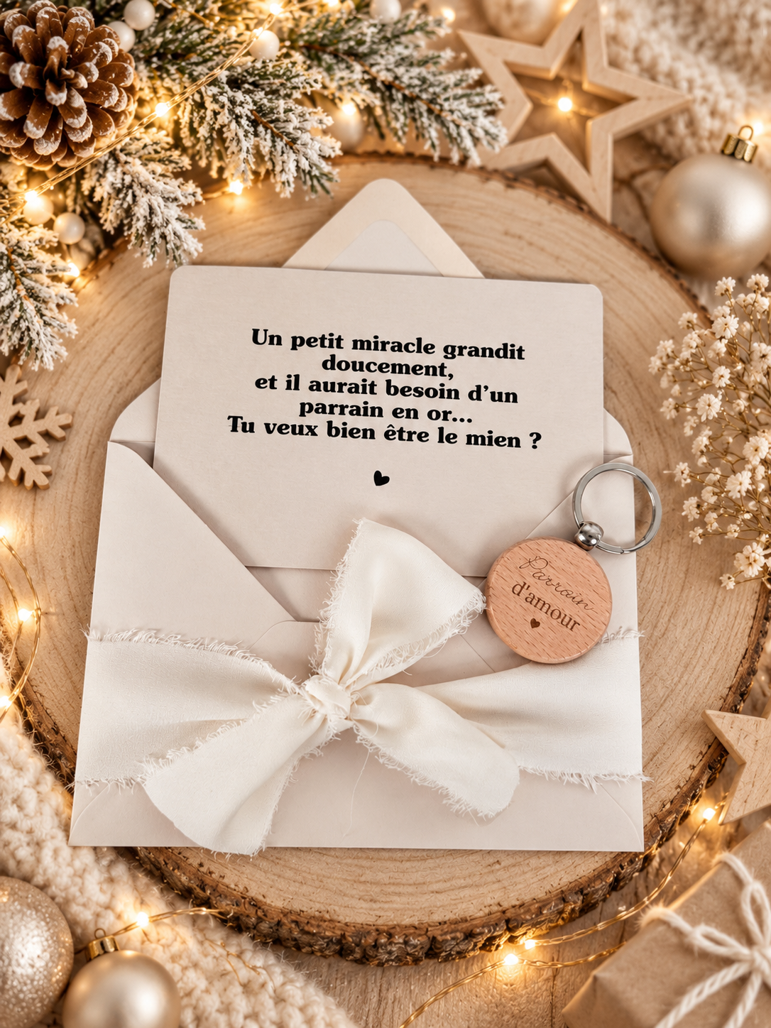 Annonce grossesse, demande parrain carte porte clé noel
