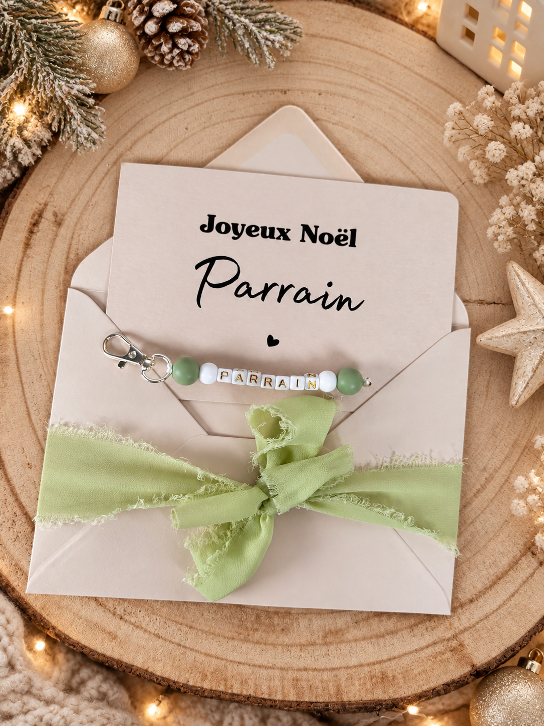 Annonce grossesse, demande parrain carte porte clé noel vert perle