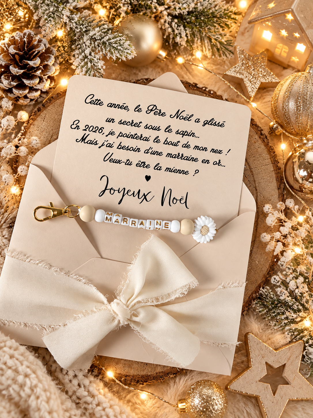 Annonce grossesse, demande marraine, blanc baptême, carte et porte clé en perles noel