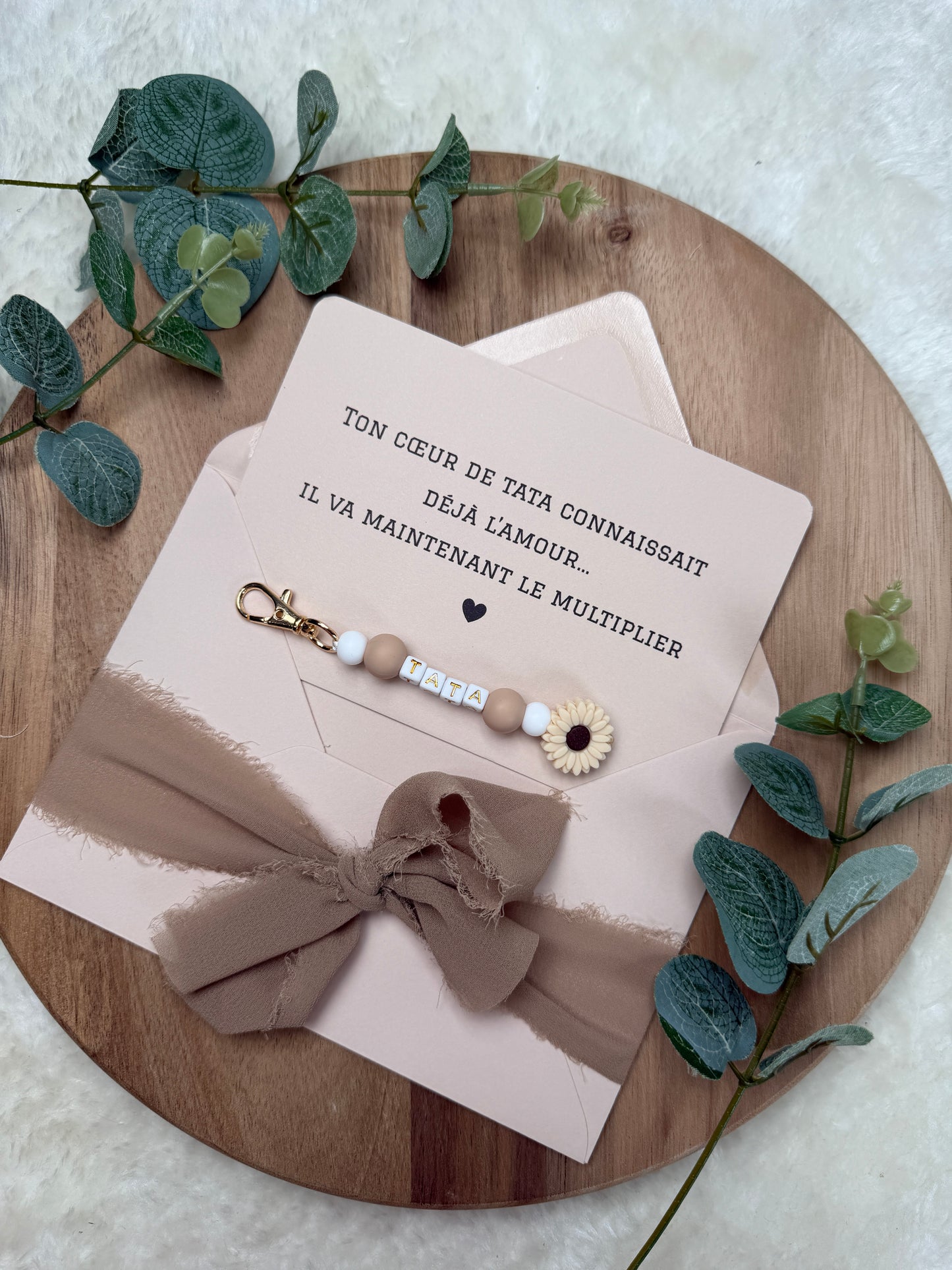 Annonce grossesse carte porte clé perle tata marron
