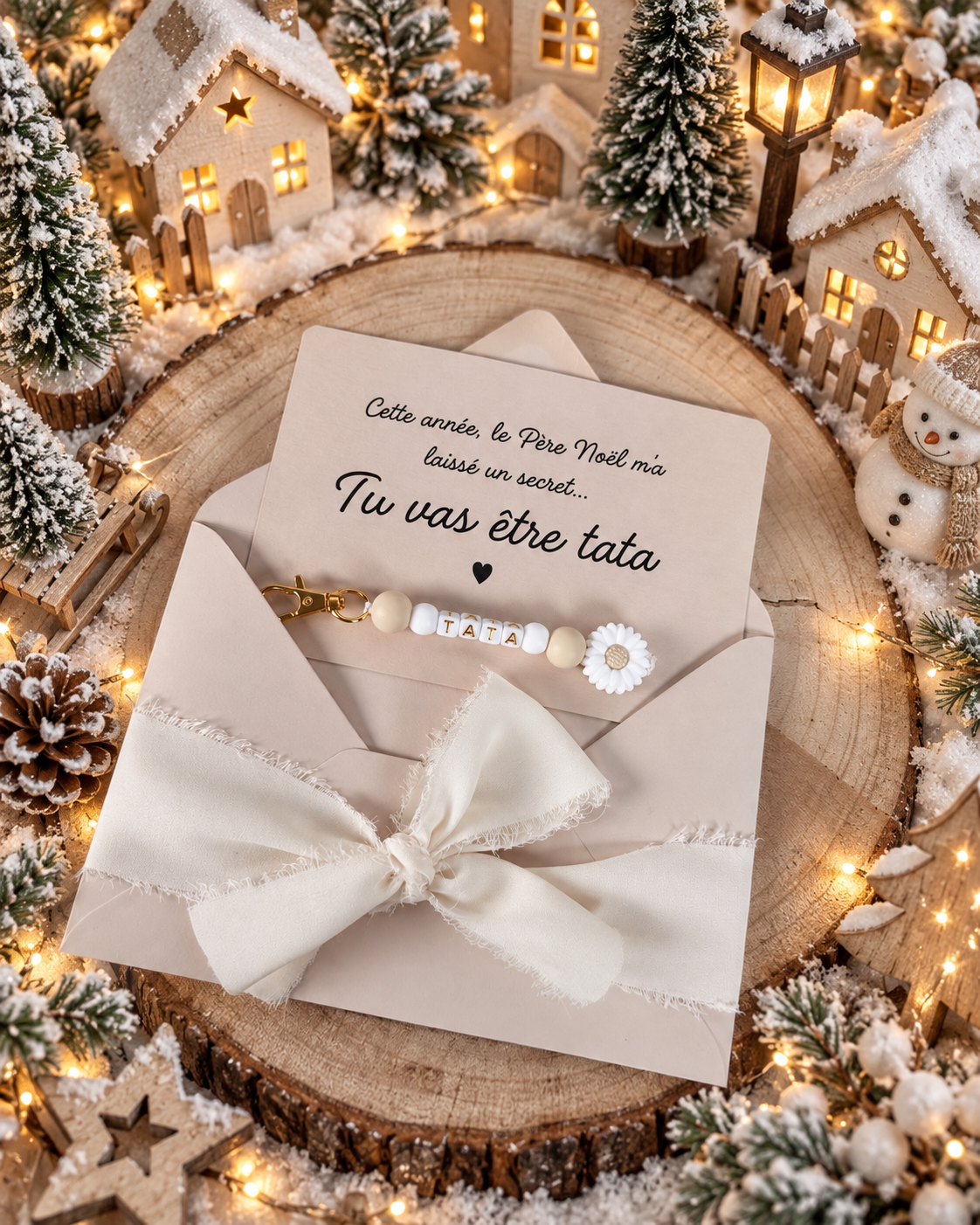 Annonce grossesse carte porte clé perle tata beige noel