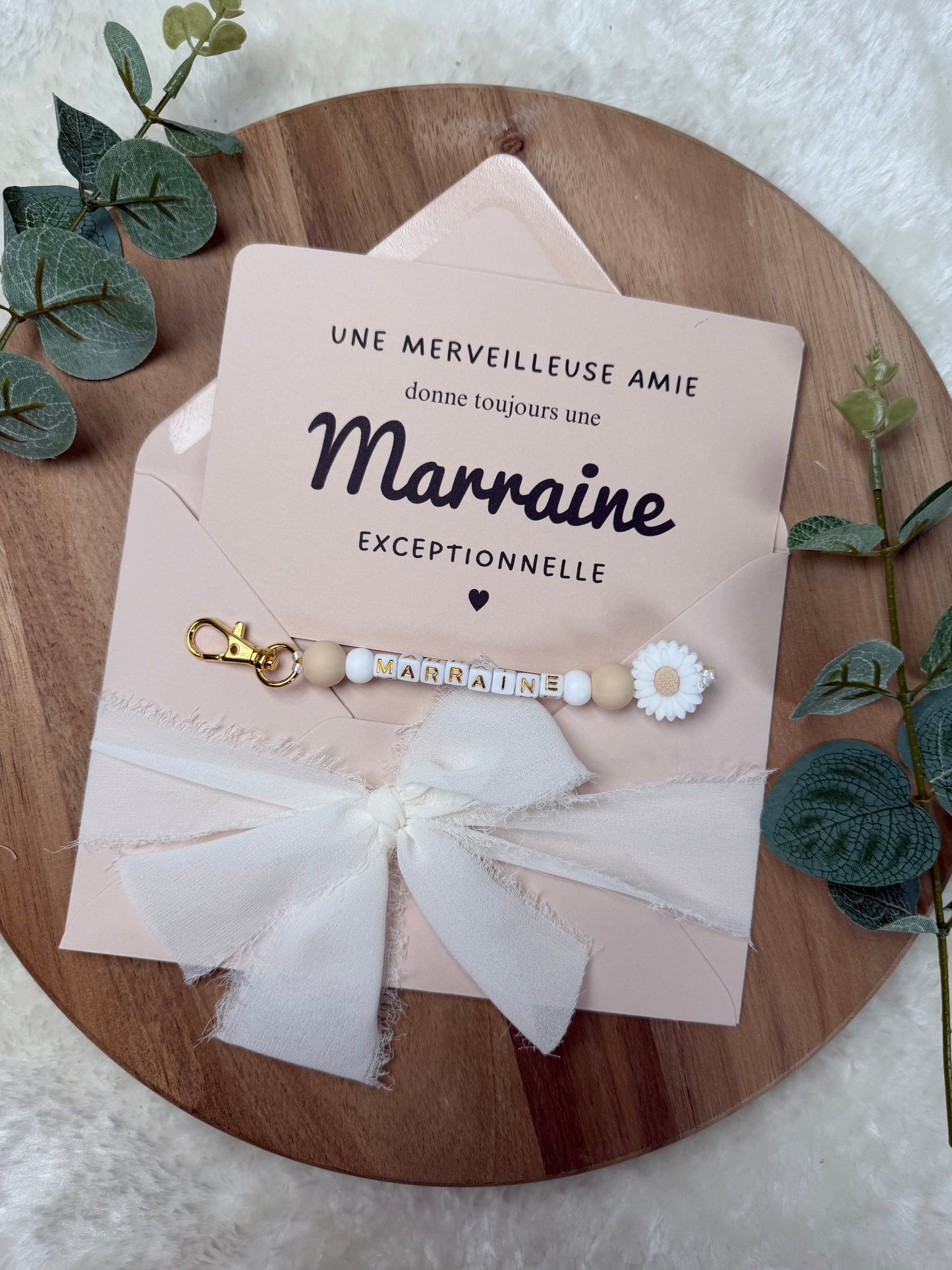 Annonce grossesse, demande marraine, blanc baptême, carte et porte clé en perles