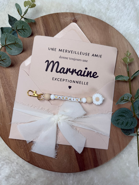 Annonce grossesse, demande marraine, blanc baptême, carte et porte clé en perles