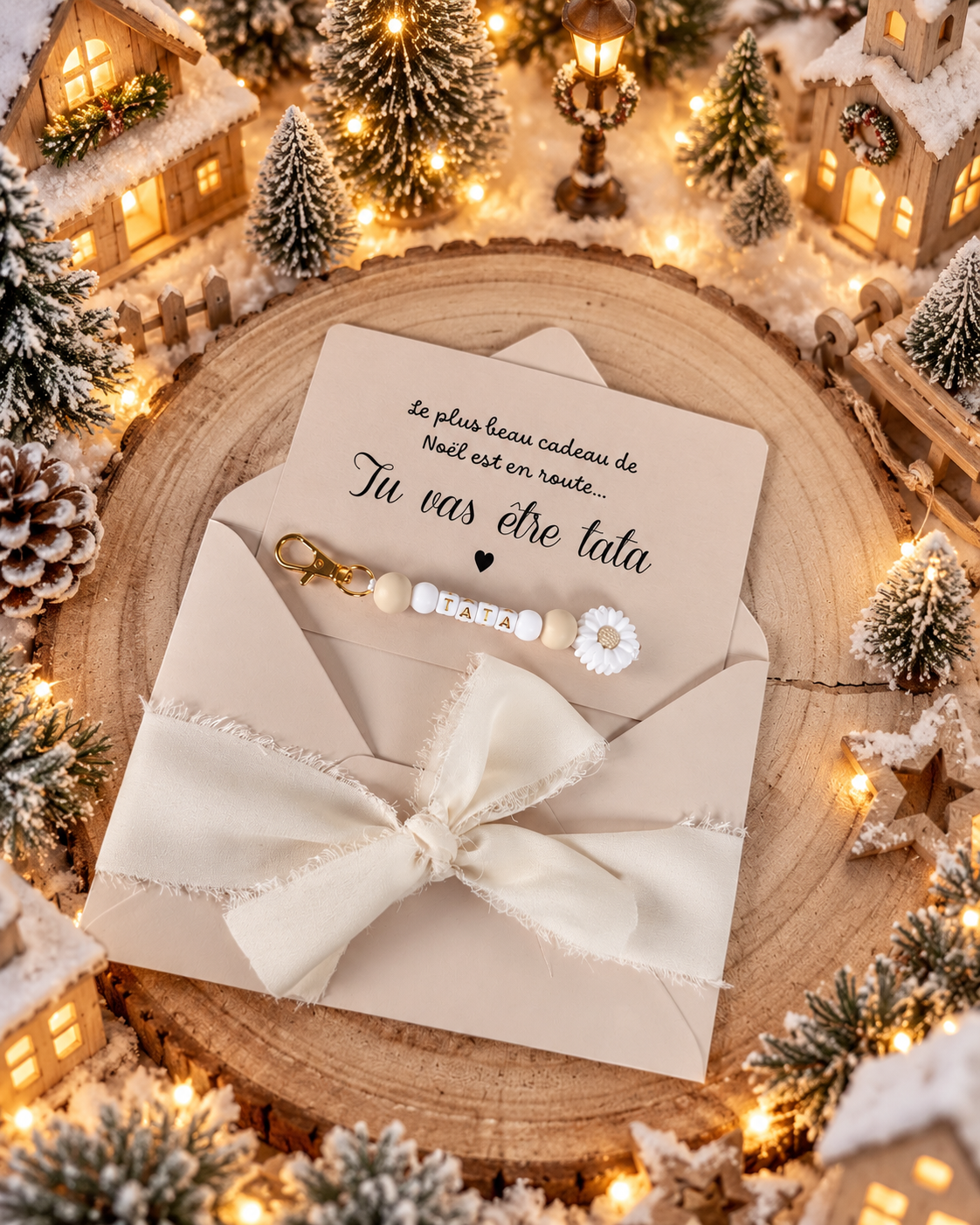 Annonce grossesse carte porte clé perle tata beige noel