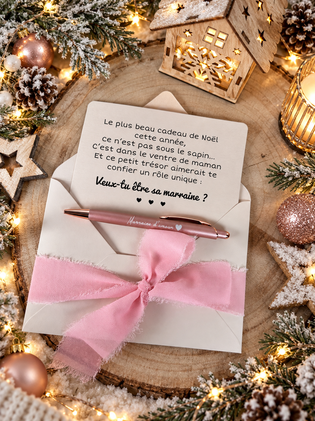 Annonce grossesse, demande marraine, blanc baptême, carte et stylo noel