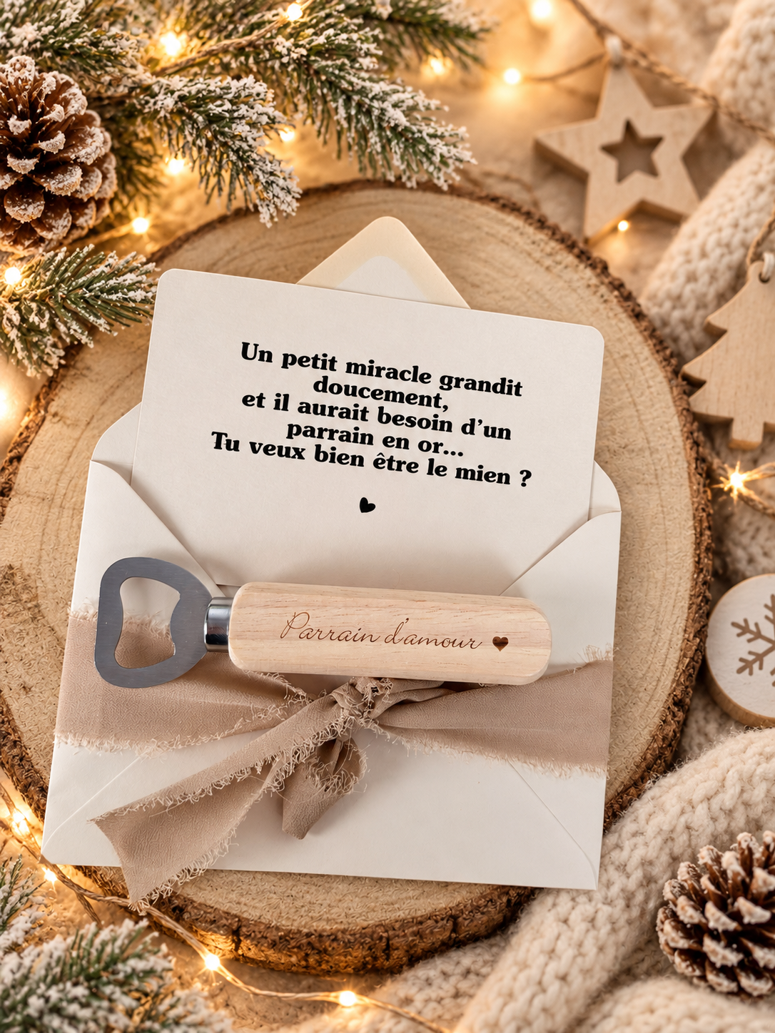 Annonce grossesse, demande parrain carte décapsuleur simple ou porte clé noel