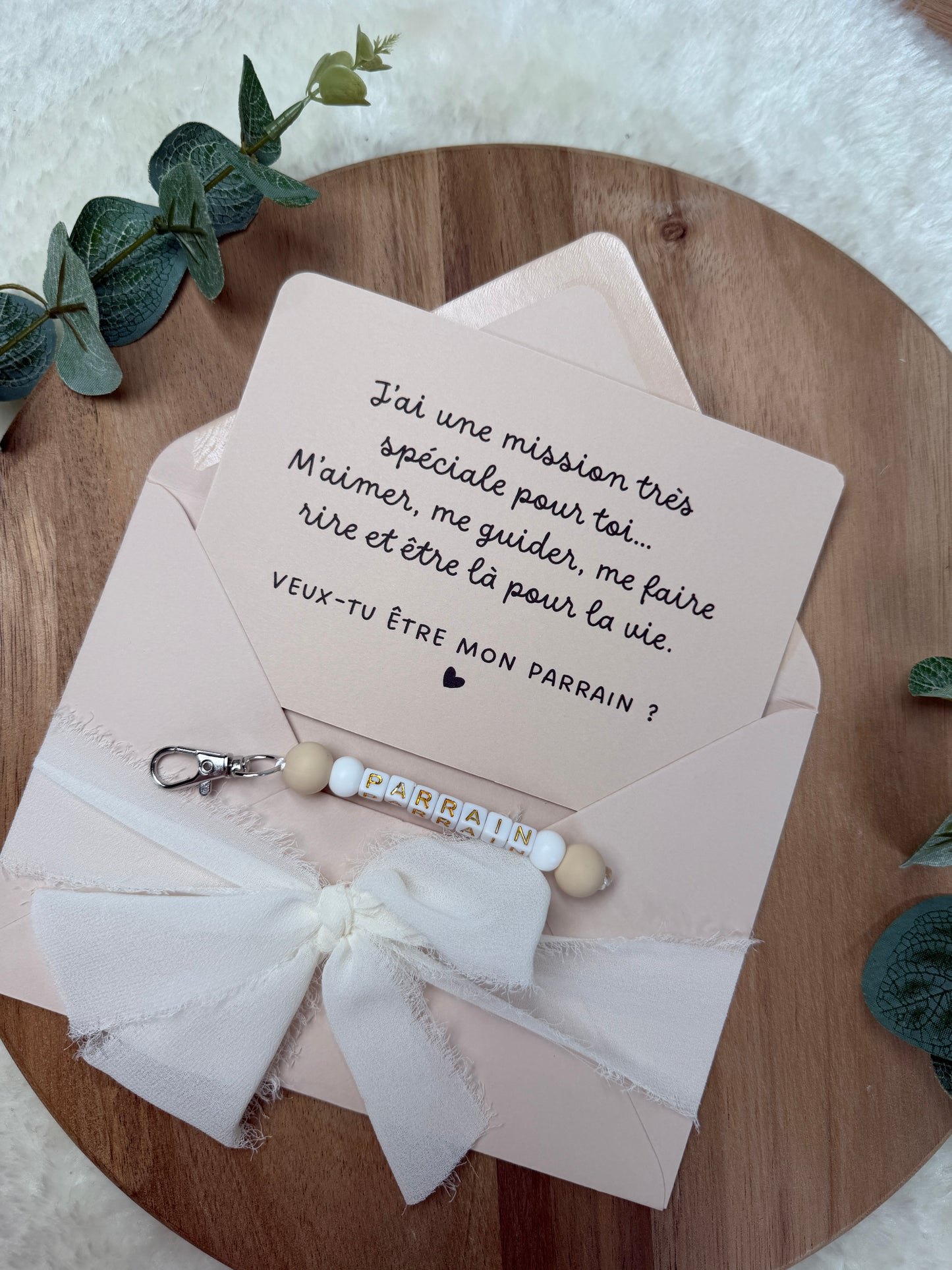 Annonce grossesse carte porte-clés parrain beige