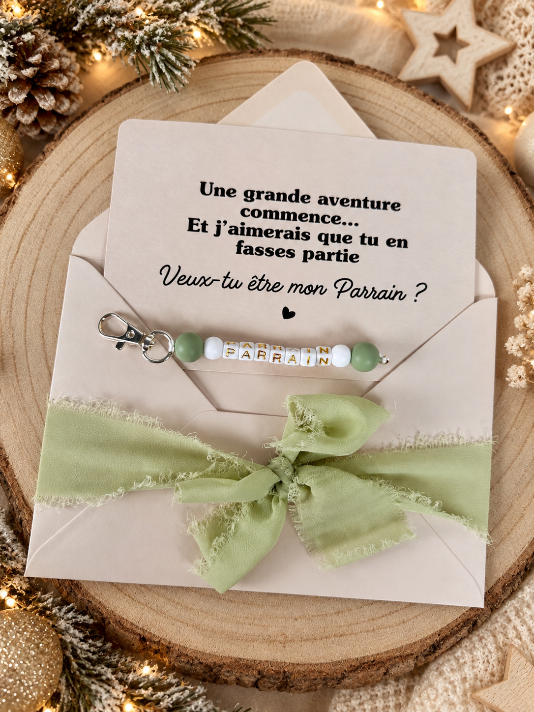 Annonce grossesse, demande parrain carte porte clé noel vert perle
