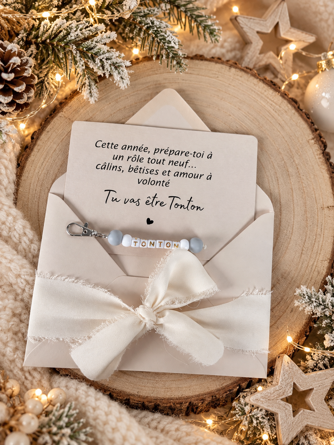 Annonce grossesse tonton carte avec petit porte clés perles grises noel