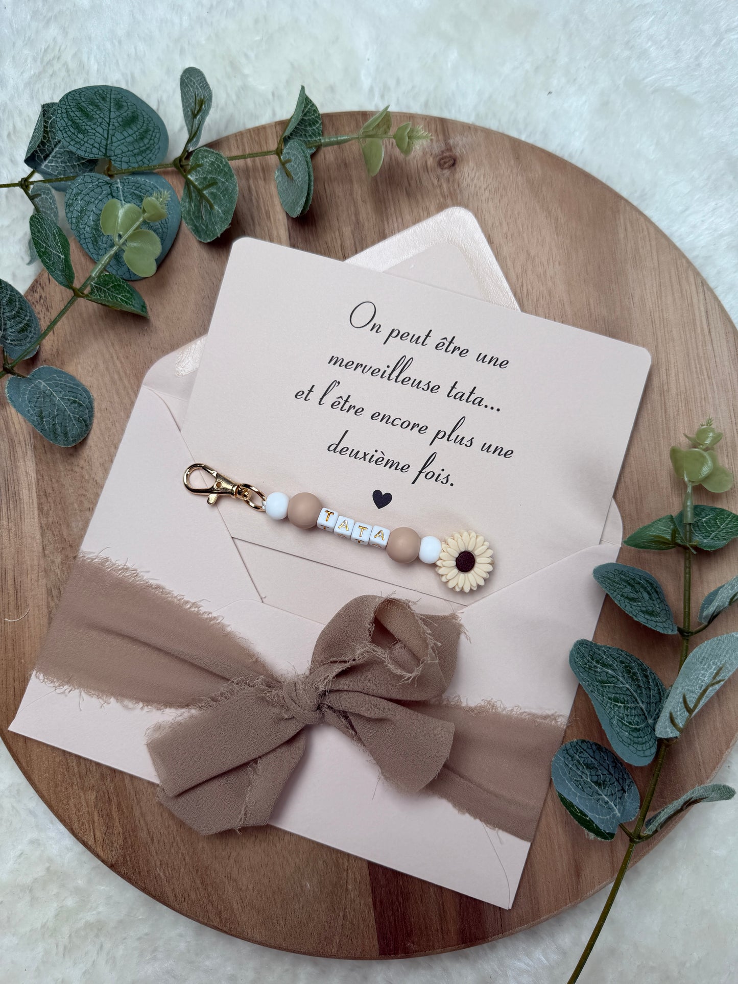 Annonce grossesse carte porte clé perle tata marron