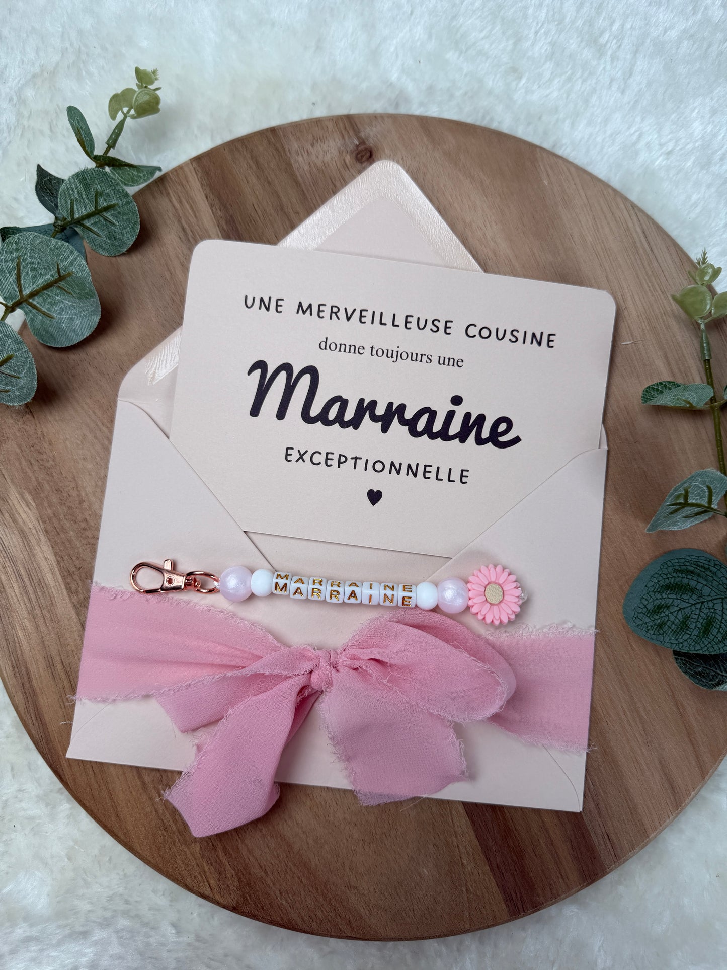 Annonce grossesse, demande marraine, rose baptême, carte et porte clé en perles