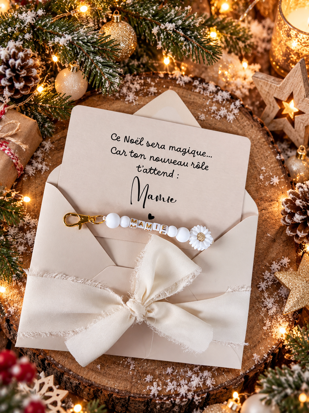 Annonce grossesse mamie carte avec petit porte clé en perles noel