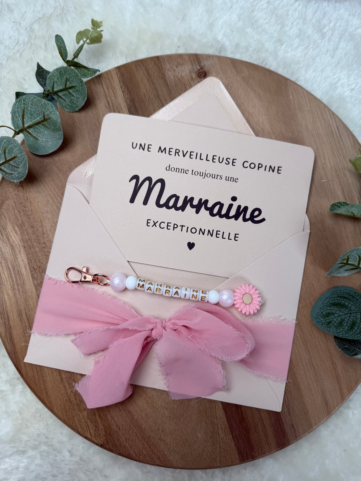 Annonce grossesse, demande marraine, rose baptême, carte et porte clé en perles