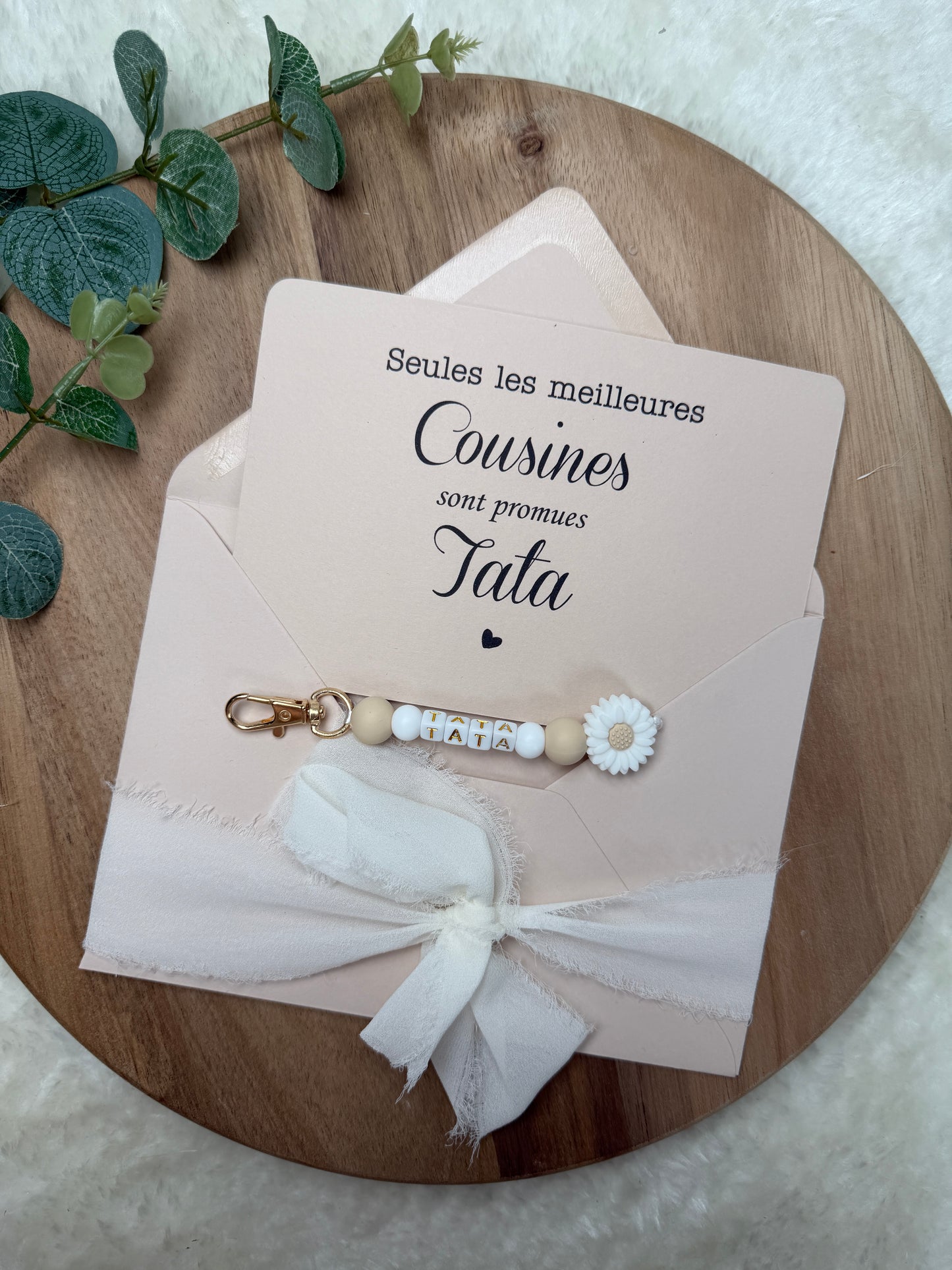 Annonce grossesse carte porte clé perle tata beige