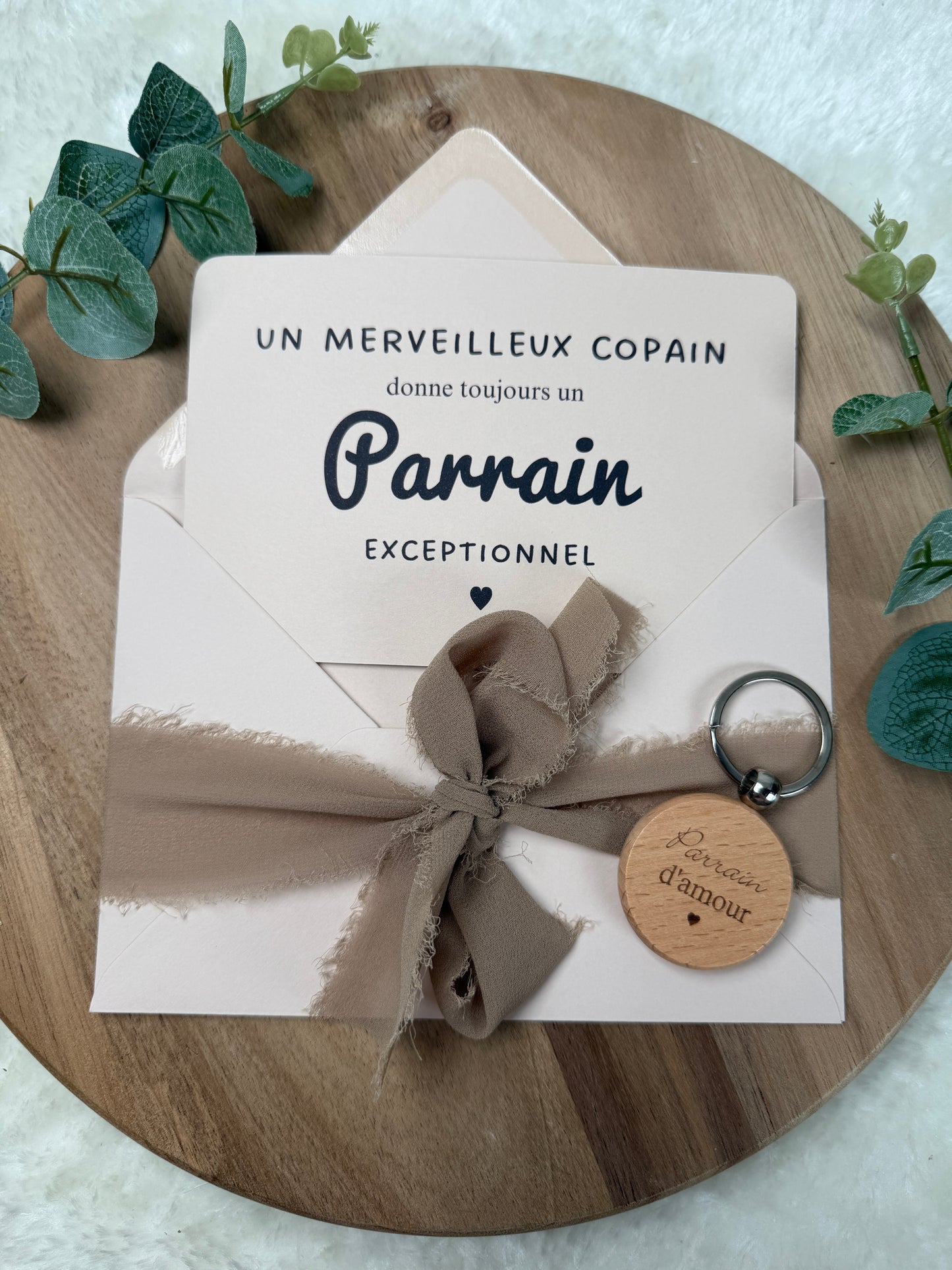 Annonce grossesse demande parrain, baptême carte avec petit porte clé en bois pour parrain d’amour