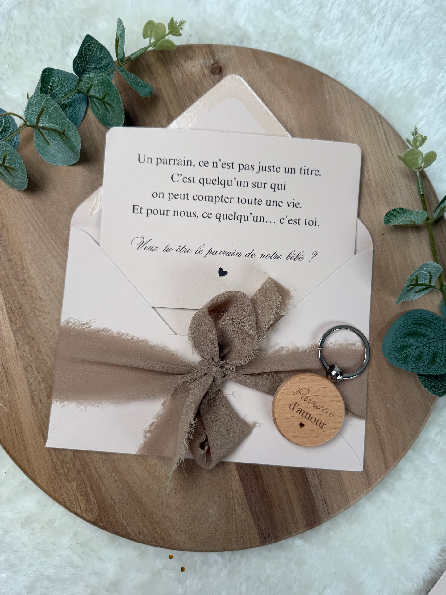 Annonce grossesse demande parrain, baptême carte avec petit porte clé en bois pour parrain d’amour