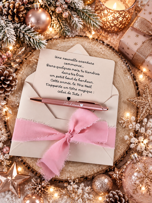 Annonce grossesse carte stylo tata beige Noël