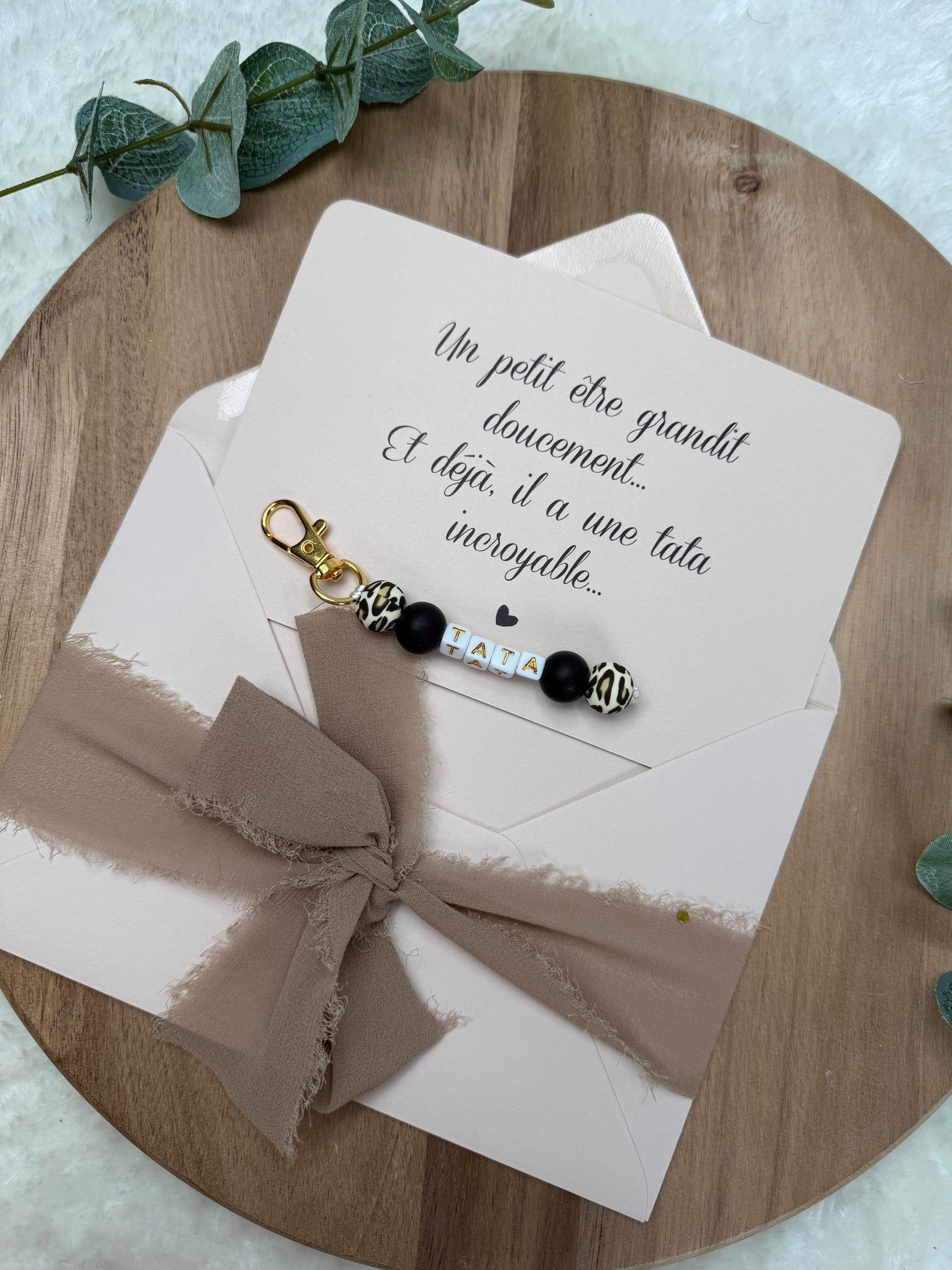 Annonce grossesse carte porte clé perle tata léopard