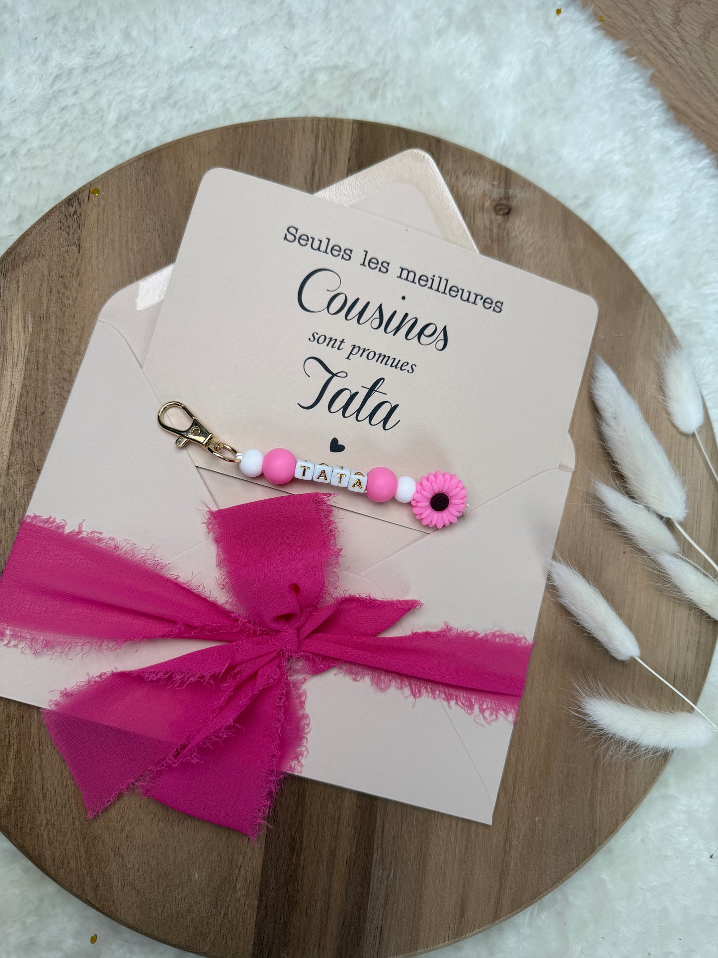 Annonce grossesse carte porte clé perle rose fuchsia