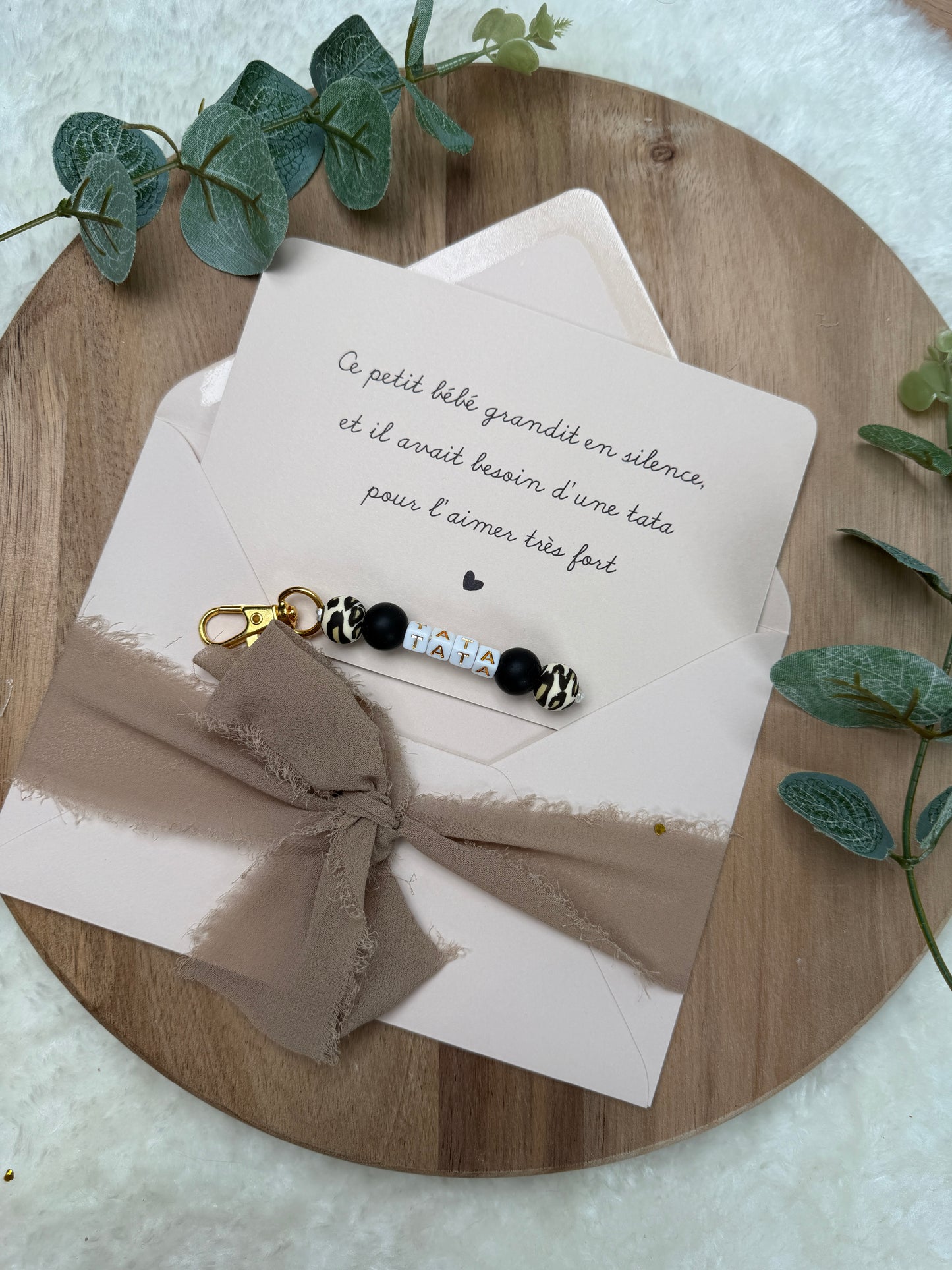 Annonce grossesse carte porte clé perle tata léopard