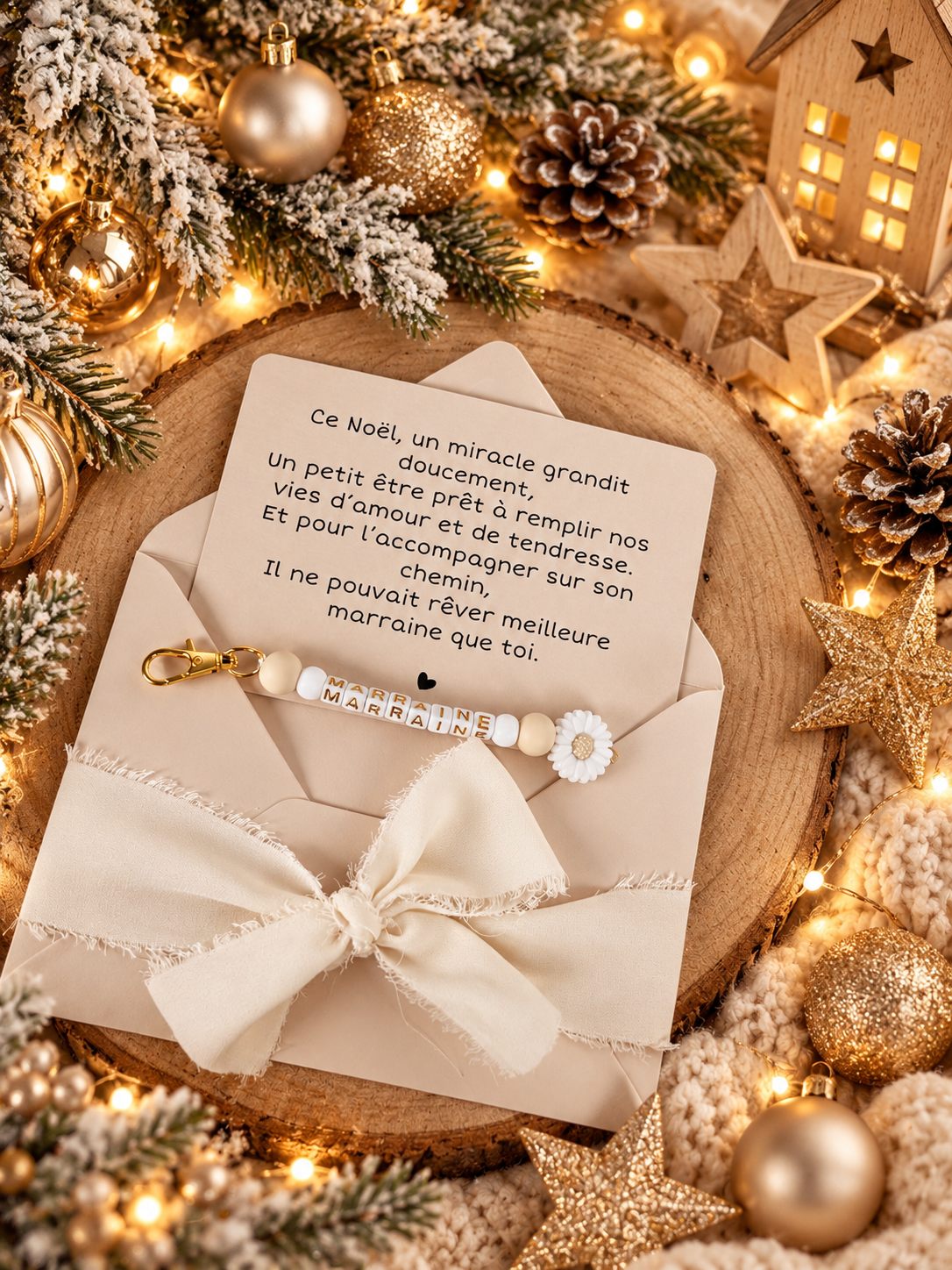 Annonce grossesse, demande marraine, blanc baptême, carte et porte clé en perles noel