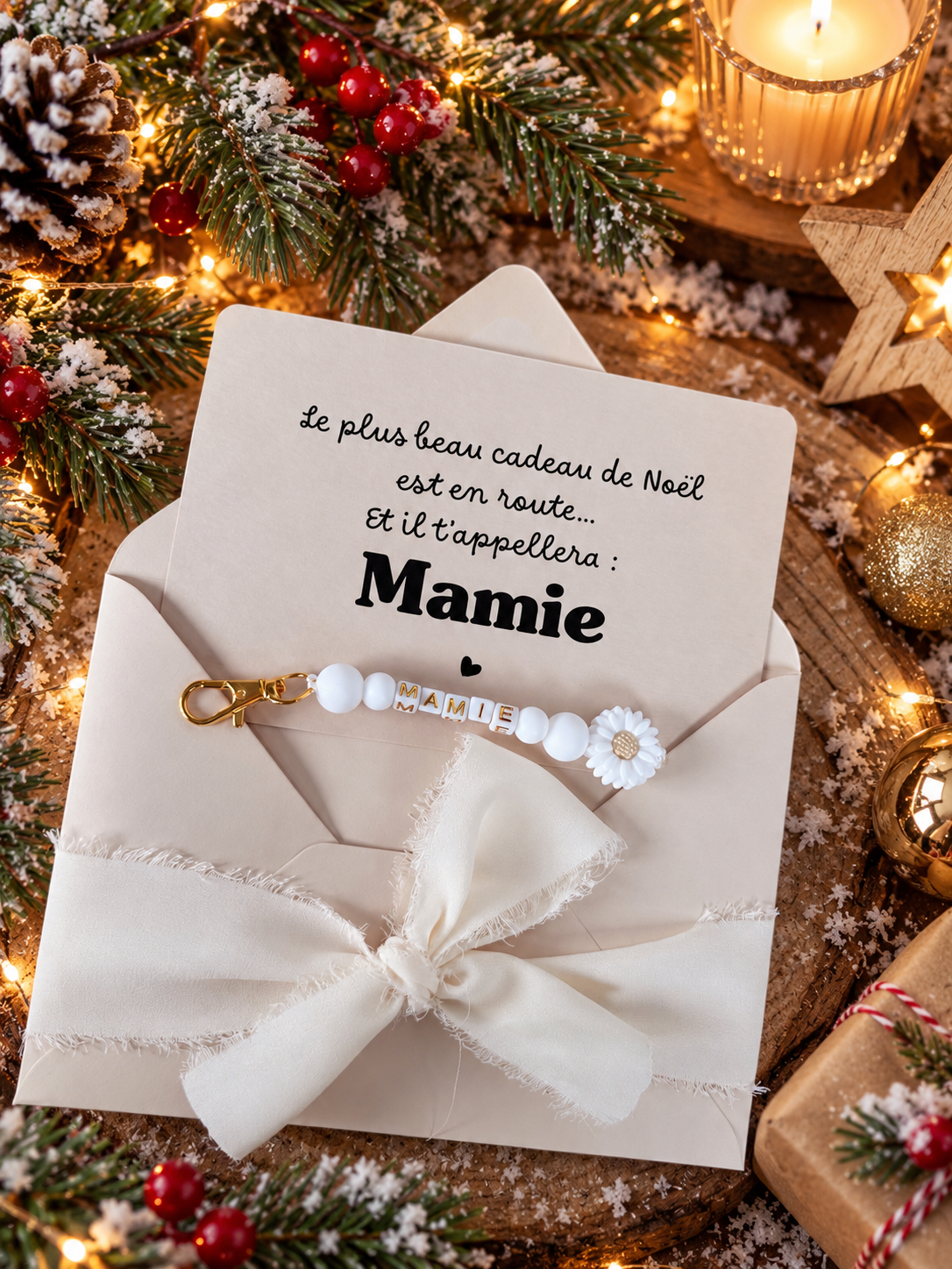 Annonce grossesse mamie carte avec petit porte clé en perles noel