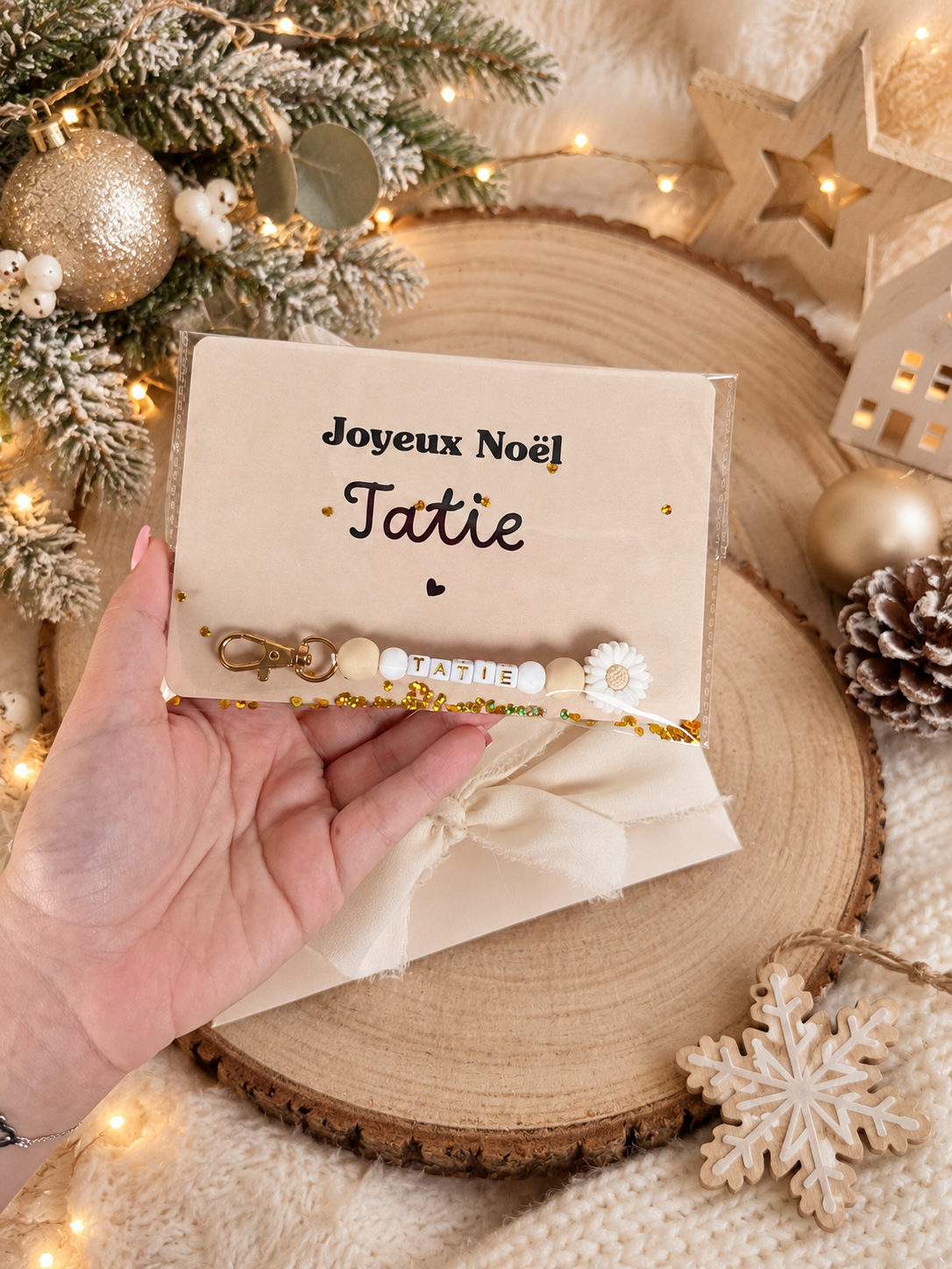 Annonce grossesse tatie carte porte-clés en perles blanche noel