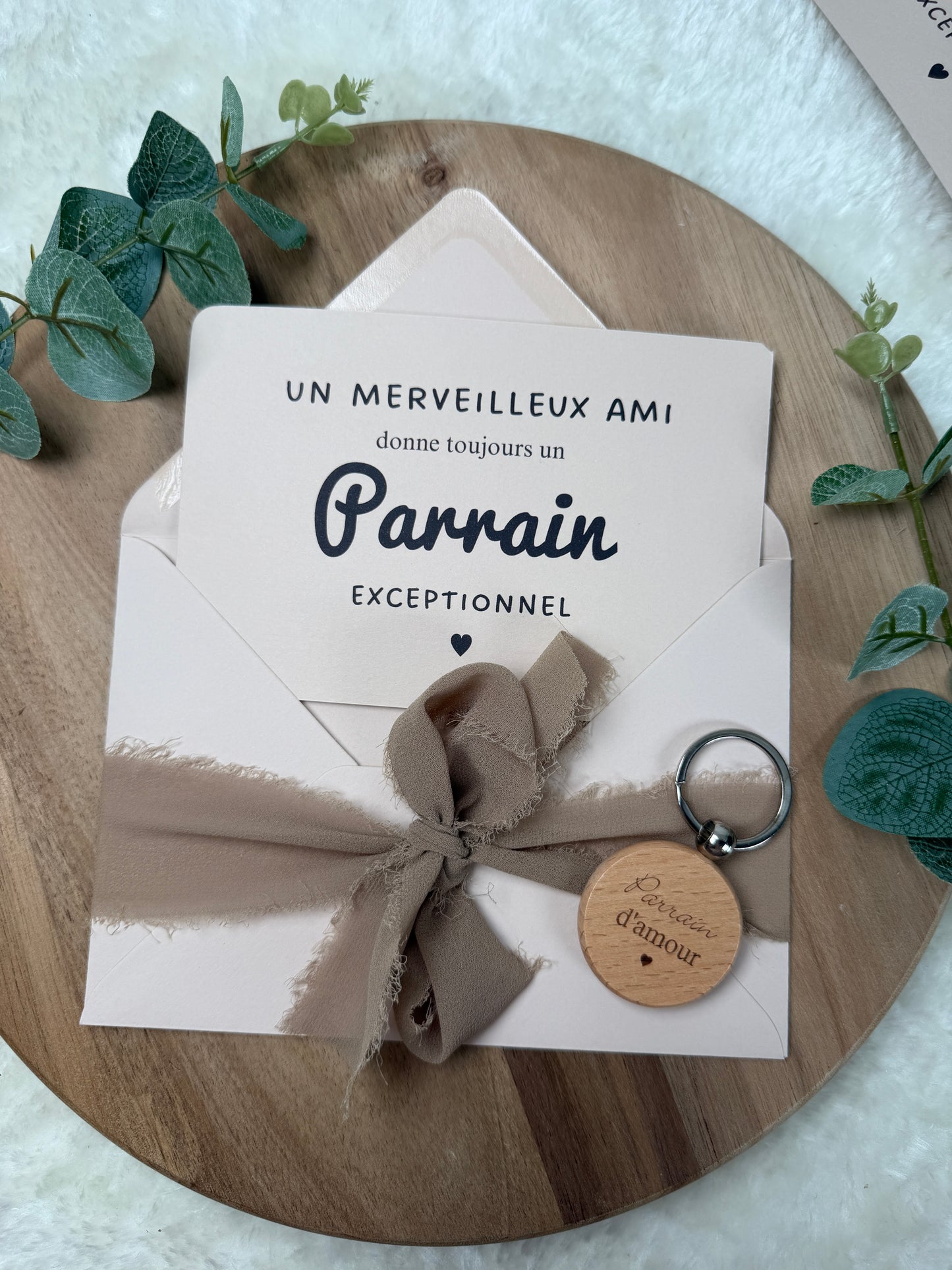 Annonce grossesse demande parrain, baptême carte avec petit porte clé en bois pour parrain d’amour