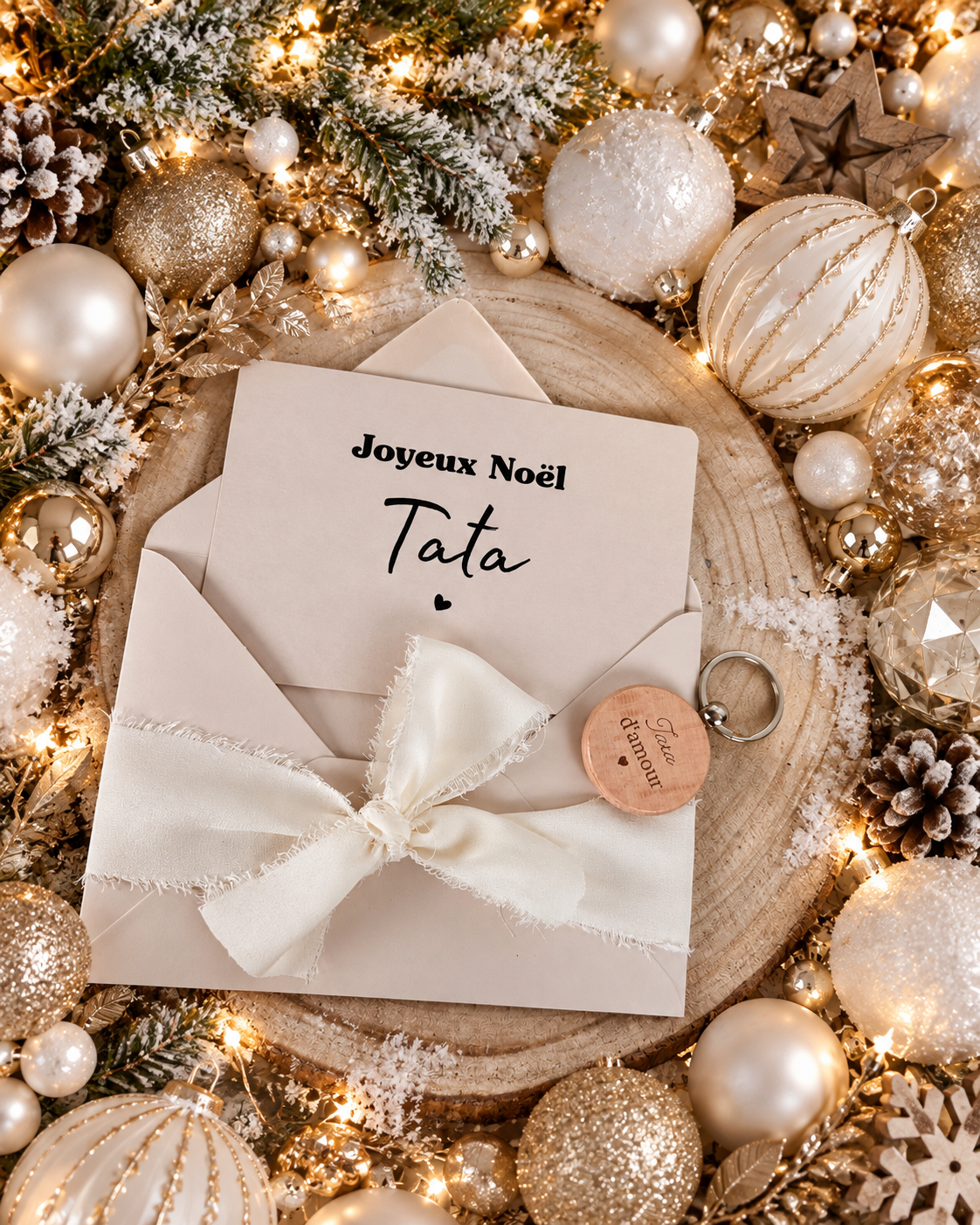 Annonce grossesse carte porte clé bois tata beige noel
