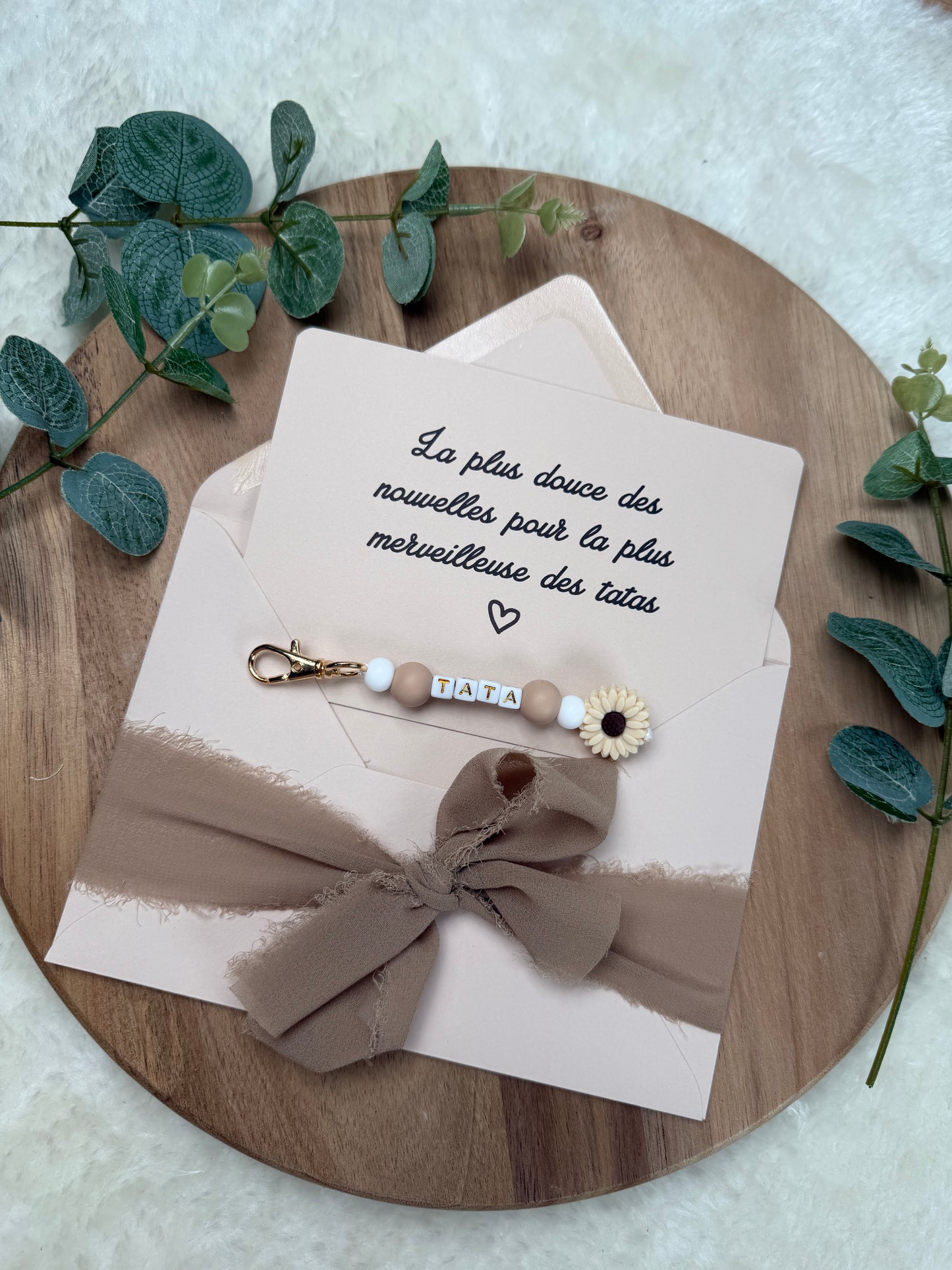 Annonce grossesse carte porte clé perle tata marron