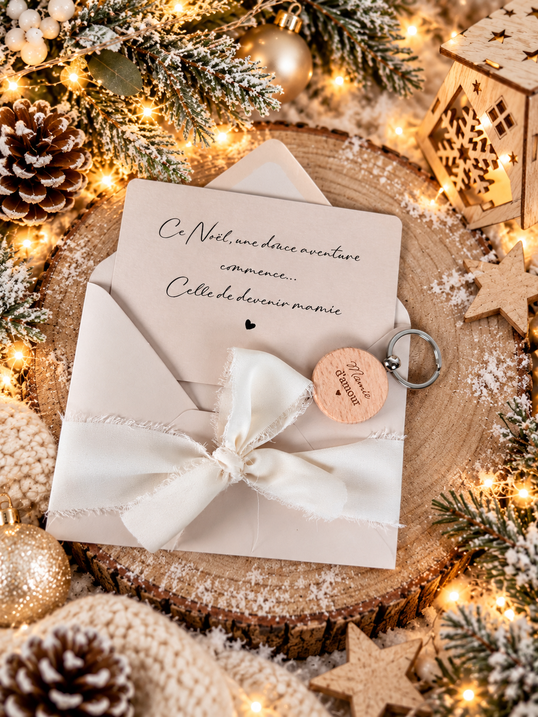 Annonce grossesse mamie carte avec petit porte clé en bois noel