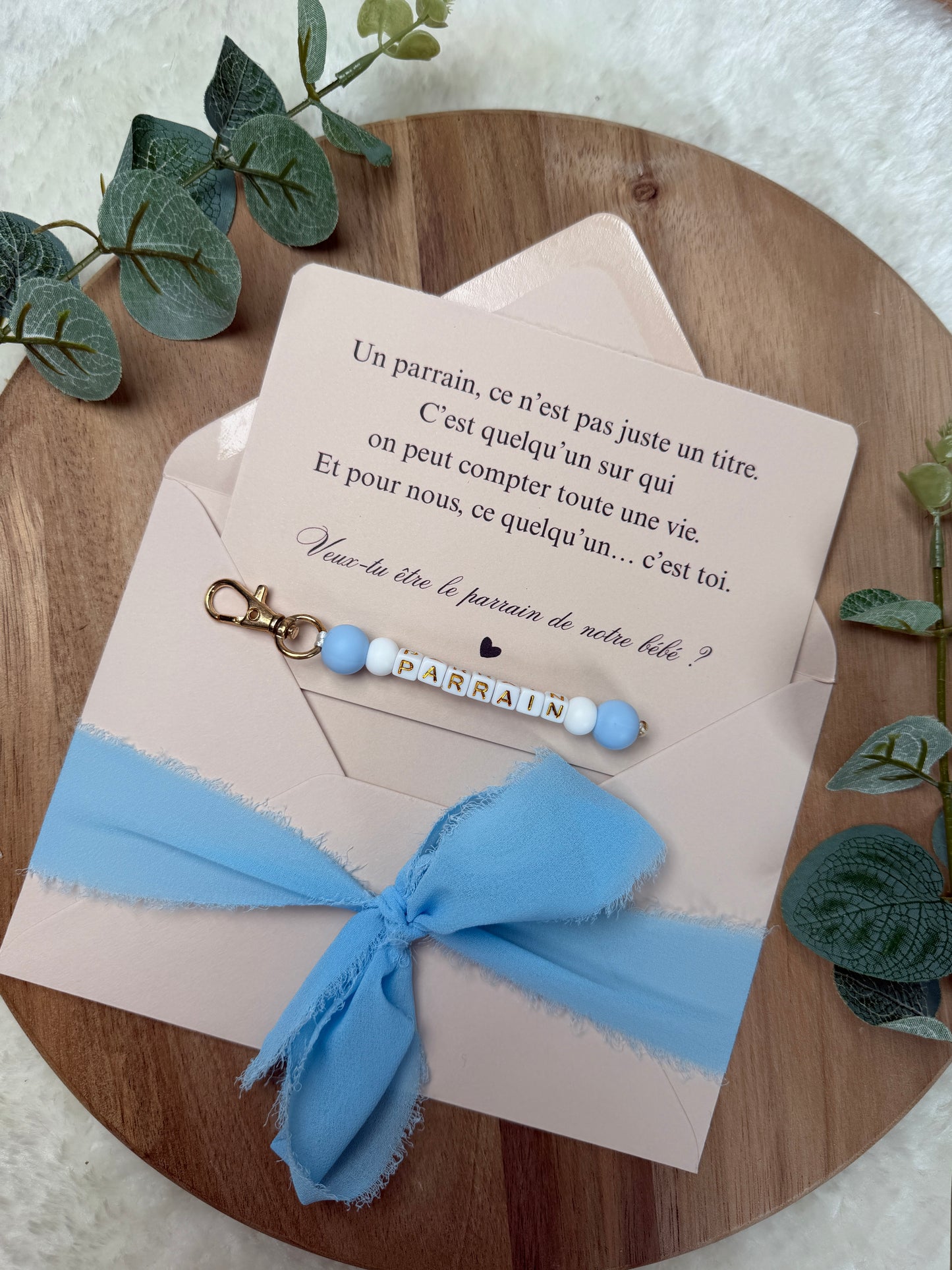 Annonce grossesse carte porte-clés parrain bleu ciel
