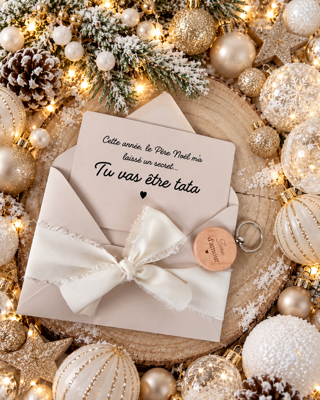 Annonce grossesse carte porte clé bois tata beige noel